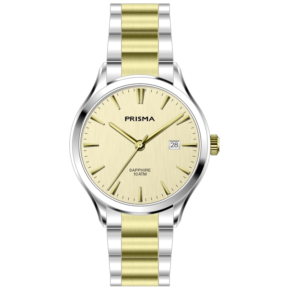 Prisma horloge 2003 heren edelstaal saffierglas 10 ATM 

Algemeen
Geslacht: heren
Model: P.2003

Voordelen
- band edelstaal zilver/goudkleurig (bicolor)
- wijzerplaat goudkleurig met zilvere streepjes
- boven gem. waterdicht: zwemmen/duiken
- glas is zeer krasvast
- datum
- quartz
- maat kast 37,7mm (breedte) 8,2mm (dikte)