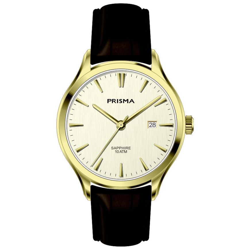 Prisma horloge 2005 heren edelstaal saffierglas 10 ATM 

Algemeen
Geslacht: heren
Model: P.2005

Voordelen
- band echt leer bruin
- wijzerplaat goudkleurig met goudkleurige streepjes
- boven gem. waterdicht: zwemmen/duiken
- glas is zeer krasvast
- datum
- quartz
- maat kast 37,7mm (breedte) 8,08mm (dikte)

