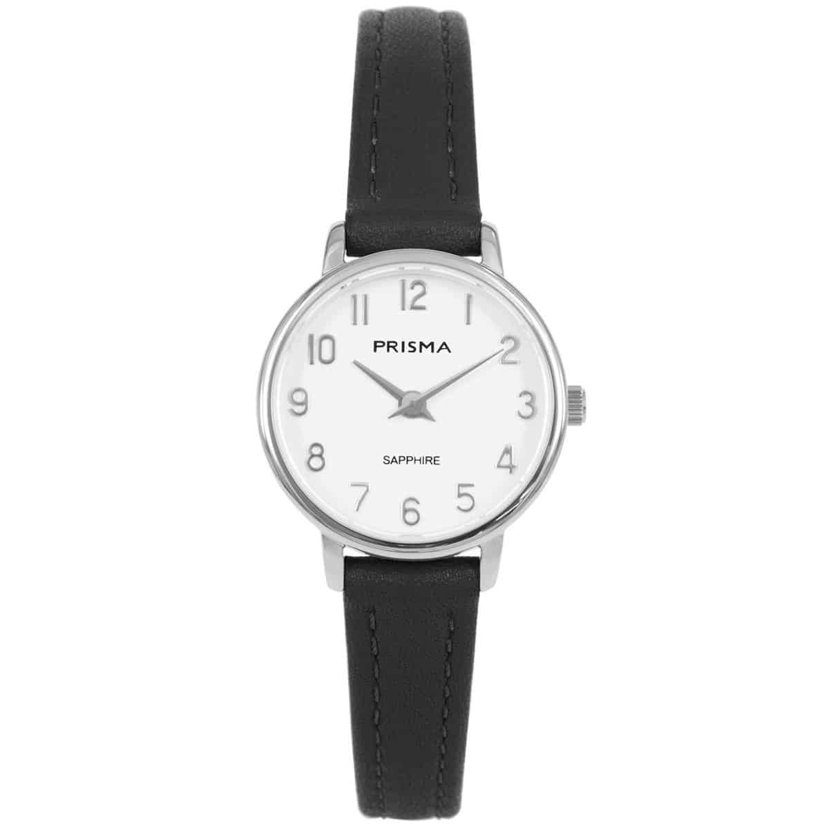 Prisma horloge 1730 dames edelstaal saffierglas 

Algemeen
Geslacht: dames
Model: P.1730

Voordelen
- band echt leer zwart (zwart kleurig stiksel)
- wijzerplaat wit met zilvere cijfers (arabisch)
- glas is zeer krasvast
- duidelijke tijdsweergave
- spat waterdicht: handenwassen, regen
- quartz
- maat kast 23mm (breedte) 6,5mm (dikte)


