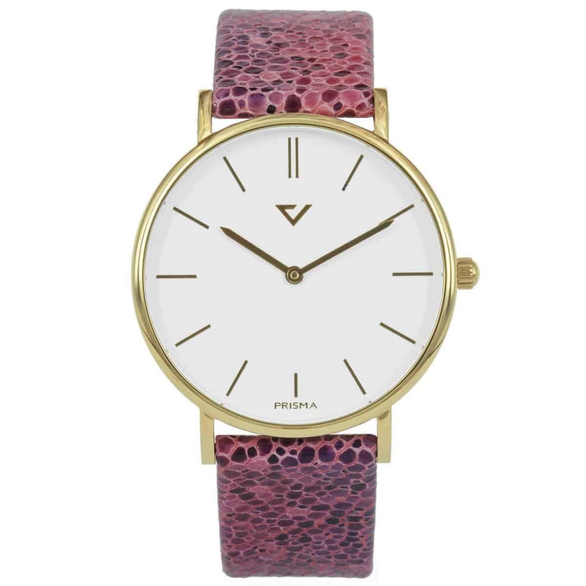 Prisma unisex 100% NL P.1628.736G horloge edelstaal 5 ATM 		
		
Algemeen		
Geslacht: unisex		
Model: 1628.736G		
		
Voordelen		
- band echt leer roze		
- wijzerplaat wit met goudkleurige streepjes		
- slimeline model (minder dan 9 mm dik)- designed in the Netherlands		
- spat waterdicht: handenwassen, regen		
- quartz		
- maat kast 40mm (breedte) 7,7mm (dikte)		
	
		
