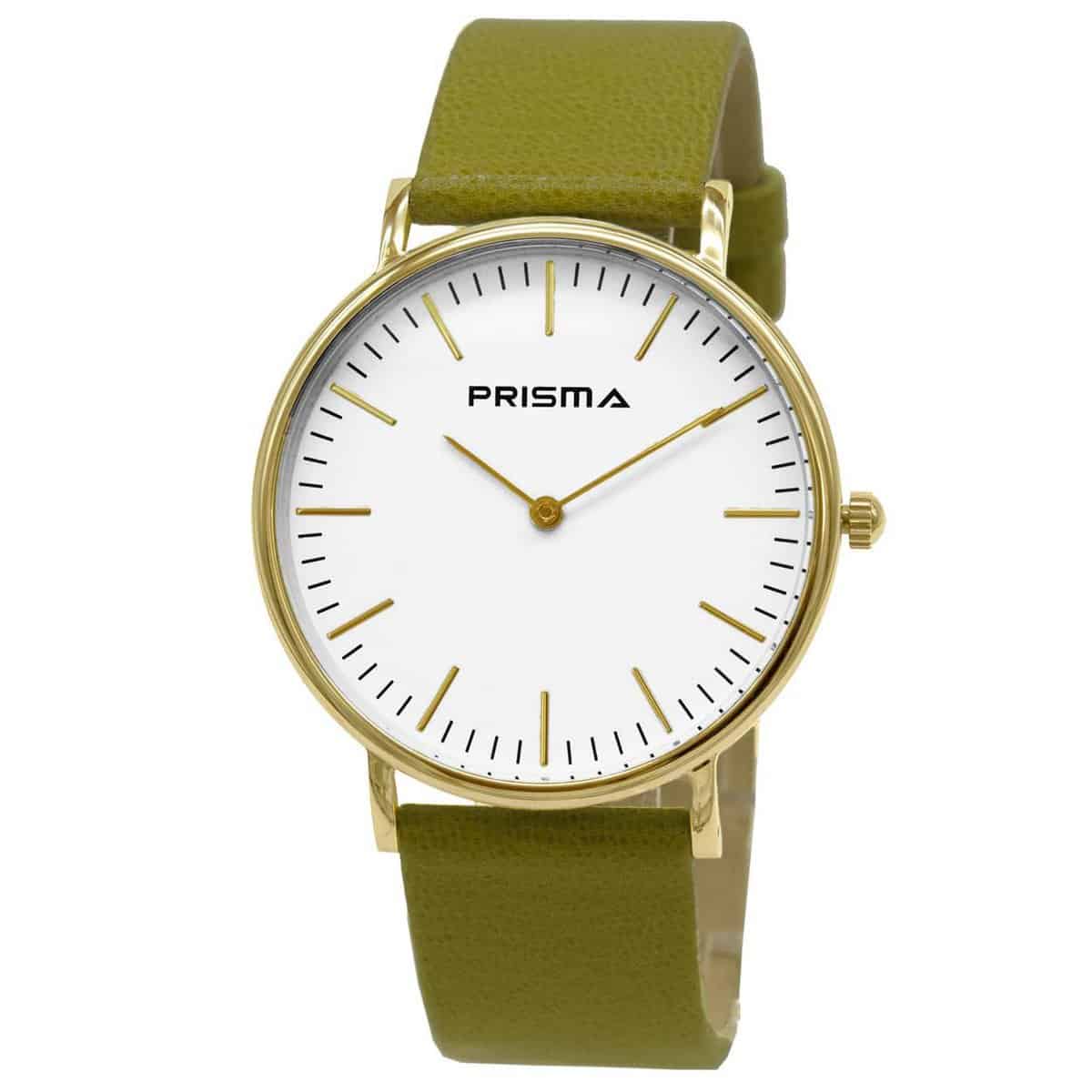 Prisma Slimline Horloge van edelstaal
- Kast maat: 40 mm
- Kast dikte: 7.7 mm
- Kast materiaal: Goudkleurig edelstaal (PVD)
- Uurwerk type: Miyota 2025
- Glas type;  Mineraal Crystal
- Waterdichtheid: 5 ATM
- Horlogeband: Olijfgroen lederen band met stainless steel gespsluiting
- Maat aansluiting band: 20mm
- Wijzerplaat; Wit met goudkleurige aanduidingen
- Licht functie: Nee
EAN: 8716667163003