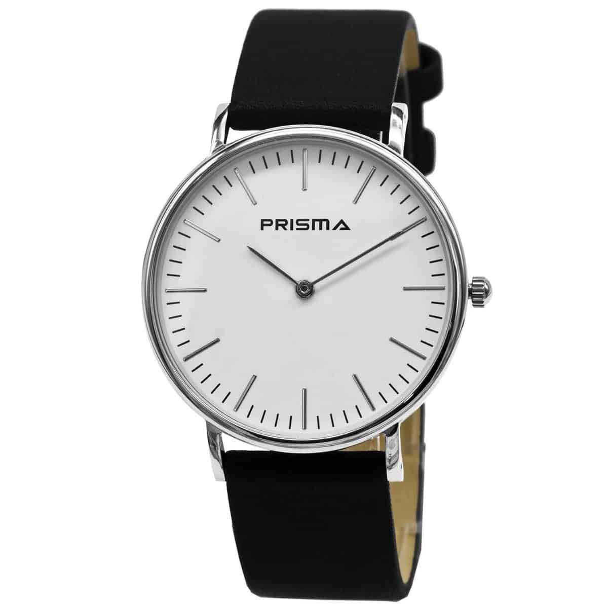 Prisma horloge van edelstaal.
- Kast maat: 40 mm
- Kast dikte: 7.7 mm
- Kast materiaal: Zilverkleurig edelstaal (PVD)
- Uurwerk type: Miyota 2025
- Glas type;  Mineraal Crystal
- Waterdichtheid: 5 ATM
- Horlogeband: Zwart lederen band met stainless steel gespsluiting
- Maat aansluiting band: 20mm
- Wijzerplaat; Wit met zilveren aanduidingen
- Licht functie: Nee
EAN: 8716667163218