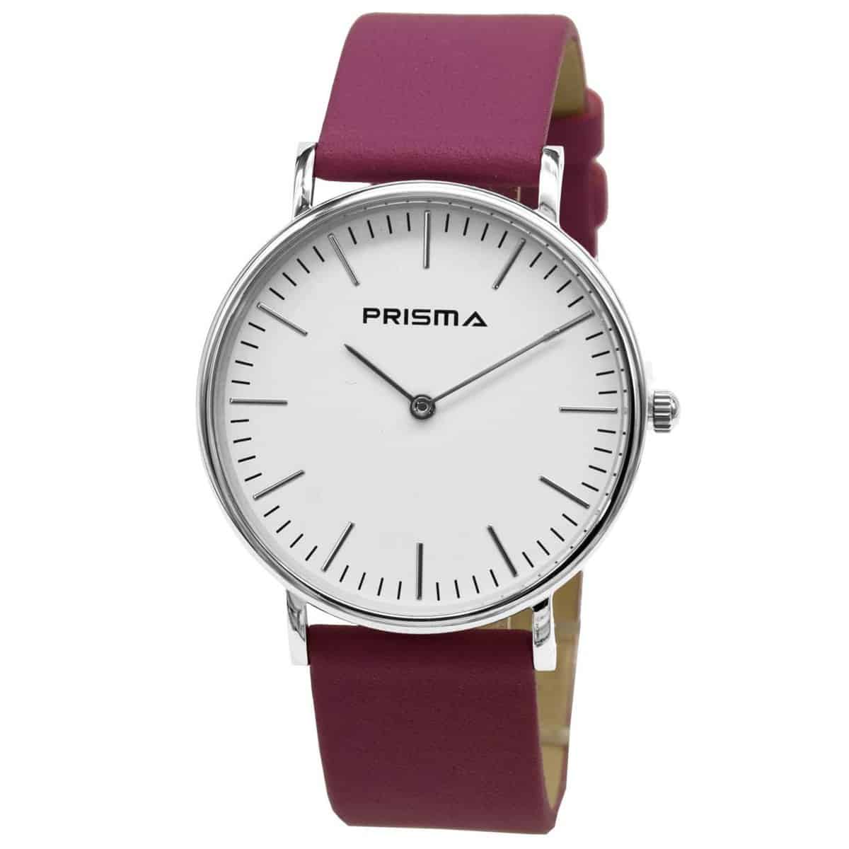 Prisma horloge van edelstaal.
- Kast maat: 40 mm
- Kast dikte: 7.7 mm
- Kast materiaal: Zilverkleurig edelstaal (PVD)
- Uurwerk type: Miyota 2025
- Glas type;  Mineraal Crystal
- Waterdichtheid: 5 ATM
- Horlogeband: Roze lederen band met stainless steel gespsluiting
- Maat aansluiting band: 20mm
- Wijzerplaat; Wit met zilveren aanduidingen
- Licht functie: Nee
EAN: 8716667163263