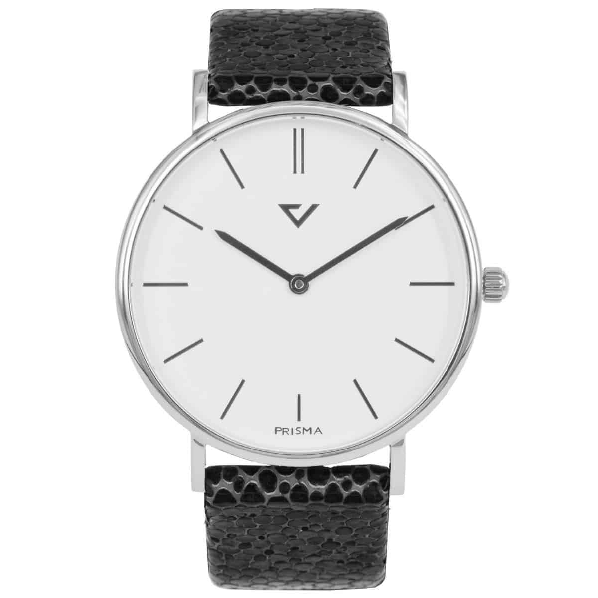 Prisma Unisex 1625.136G 100%NL horloge edelstaal 5 ATM 		
		
Algemeen		
Geslacht: unisex		
Model: P.1625.136G		
		
Voordelen		
- band echt leer zwart		
- wijzerplaat wit met  streepjes		
- slimeline model (minder dan 9 mm dik)		
- ook voorbrede pols (max. 219 mm)		
- spat waterdicht: handenwassen, regen		
- quartz		
- maat kast 40mm (breedte) 7,7mm (dikte)		
		
