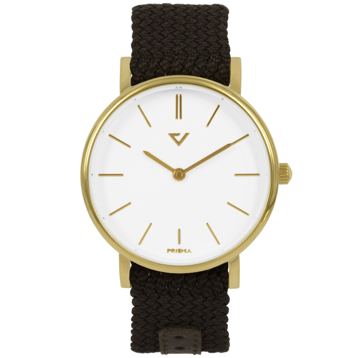 Prisma unisex 100% NL 1628.WG23 horloge edelstaal 5 ATM 		
		
Algemeen		
Geslacht: unisex		
Model: P.1628.856G		
		
Voordelen		
- band nylon bruin echt leer afwerking	
- wijzerplaat wit met goudkleurig streepjes		
- slimeline model (minderdan 9 mm dik)		
- designed in the Netherlands		
- spat waterdicht: handenwassen, regen		
- quartz		
- maat kast 40mm (breedte) 7,7mm (dikte)		
		
		
		
		
