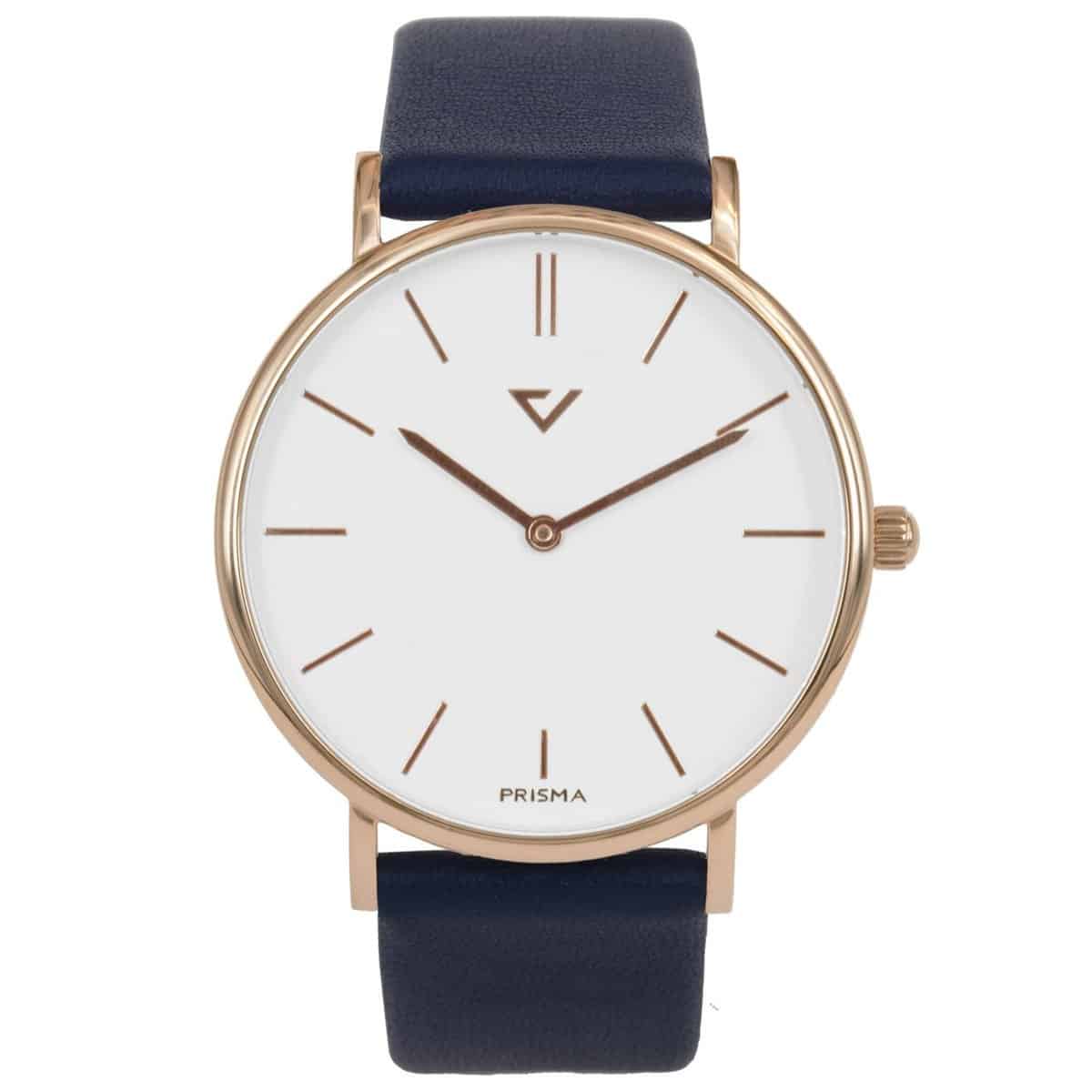 Prisma unisex 100% NL 1629.607G horloge edelstaal 5 ATM 		
		
Algemeen		
Geslacht: unisex		
Model: P.1629.607G		
		
Voordelen		
- band echt leer blauw		
- wijzerplaat wit met ros&#233;goudkleurige streepjes		
- slimeline model (minder dan 9 mm dik)		
- designed in the Netherlands		
- spat waterdicht: handenwassen, regen		
- quartz		
- maat kast 40mm (breedte) 7,7mm (dikte)		
		
