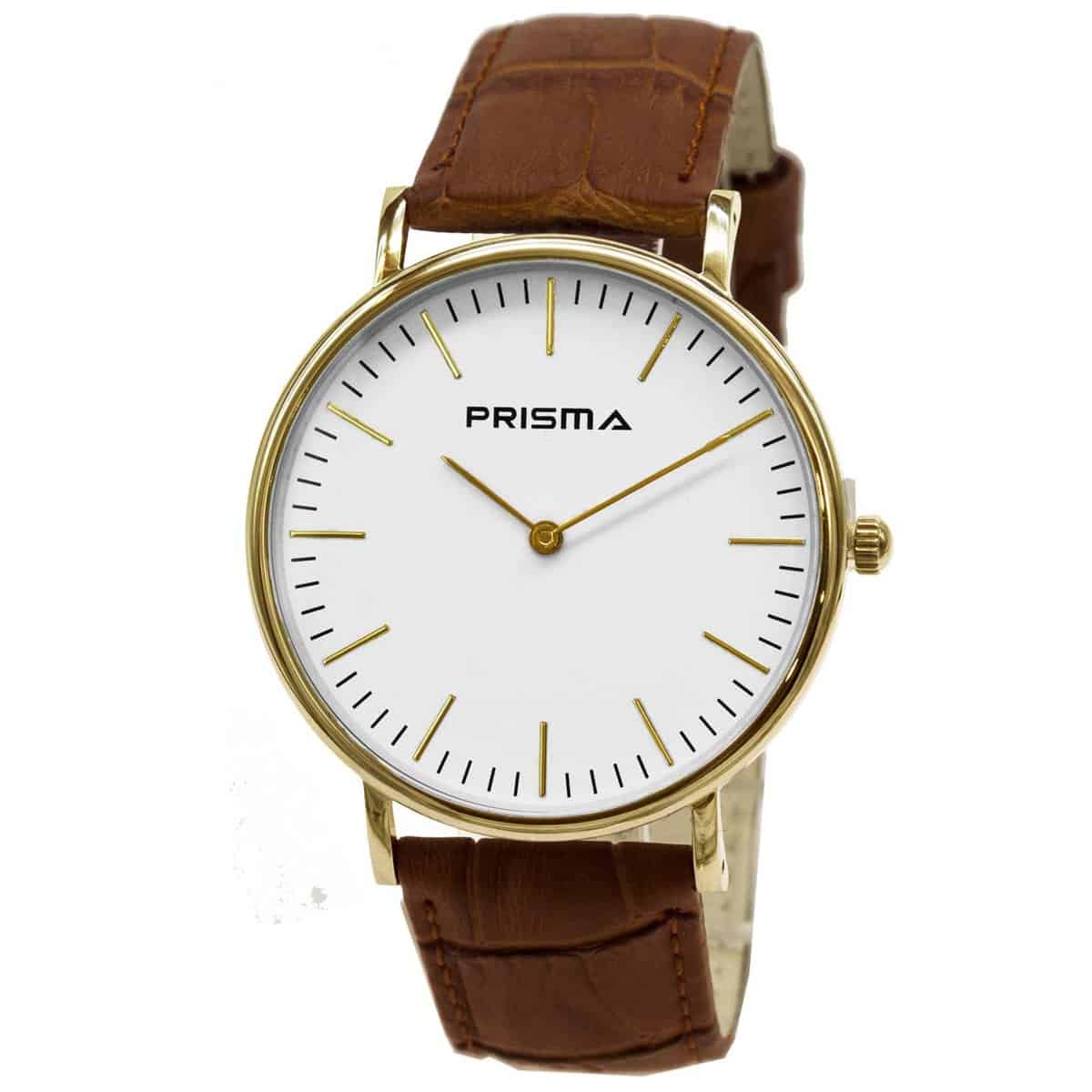 Prisma P1620 horloge van edelstaal.
- Kast maat: 40 mm
- Kast dikte: 7.7 mm
- Kast materiaal: Goudkleurig edelstaal (PVD)
- Uurwerk type: Miyota 2025
- Glas type;  Mineraal Crystal
- Waterdichtheid: 5 ATM
- Horlogeband: Bruin lederen band metstainless steel gespsluiting
- Maat aansluiting band: 20mm
- Wijzerplaat; Wit met Goudkleurige aanduidingen
- Licht functie: Nee
EAN: 8716667162563
