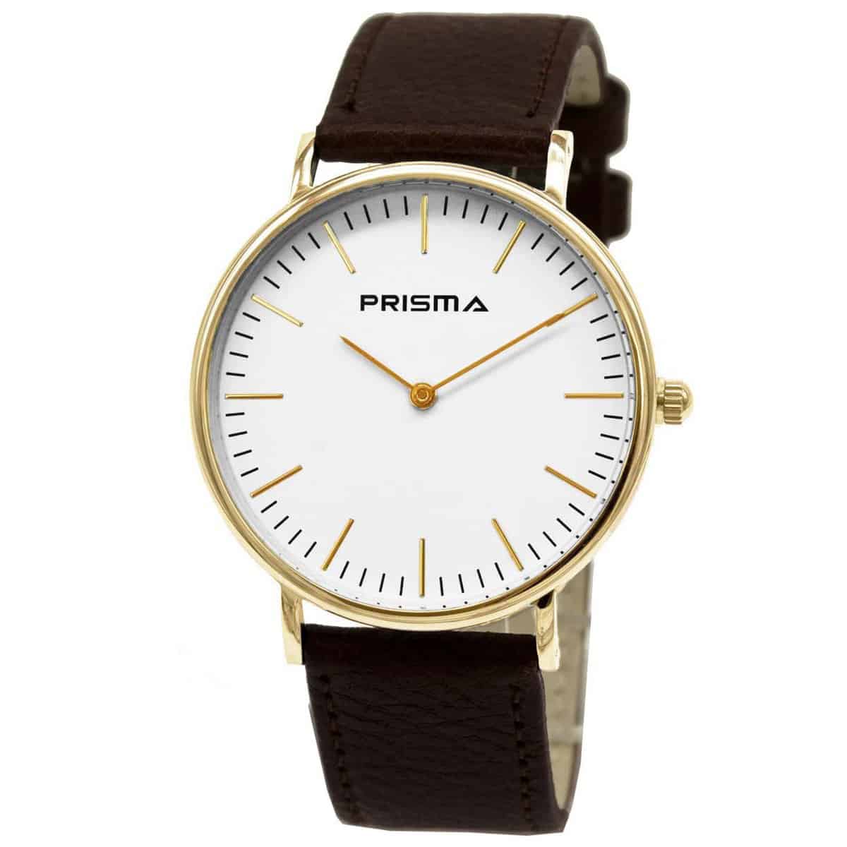 Prisma P1620 horloge van edelstaal.
- Kast maat: 40 mm
- Kast dikte: 7.7 mm
- Kast materiaal: Goudkleurig edelstaal (PVD)
- Uurwerk type: Miyota 2025
- Glas type;  Mineraal Crystal
- Waterdichtheid: 5 ATM
- Horlogeband: Bruin lederen band metstainless steel gespsluiting
- Maat aansluiting band: 20mm
- Wijzerplaat; Wit met Goudkleurige aanduidingen
- Licht functie: Nee
EAN: 8716667162525