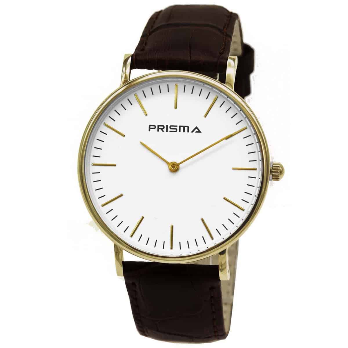 Prisma P1620 horloge van edelstaal.
- Kast maat: 40 mm
- Kast dikte: 7.7 mm
- Kast materiaal: Goudkleurig edelstaal (PVD)
- Uurwerk type: Miyota 2025
- Glas type;  Mineraal Crystal
- Waterdichtheid: 5 ATM
- Horlogeband: Bruin lederen band metstainless steel gespsluiting
- Maat aansluiting band: 20mm
- Wijzerplaat; Wit met Goudkleurig aanduidingen
- Licht functie: Nee
EAN: 8716667167162