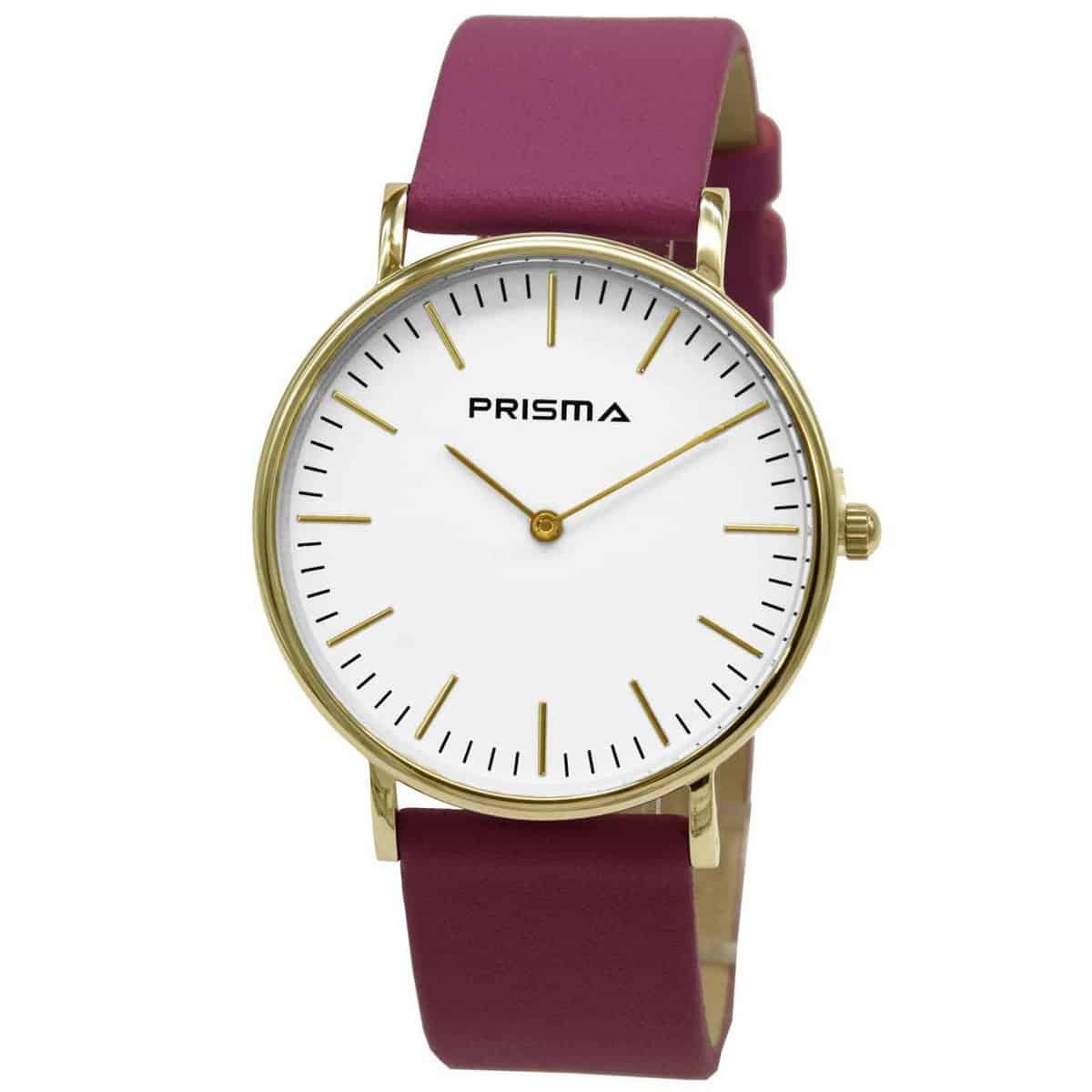 Prisma P1620 Slimline Horloge van edelstaal
- Kast maat: 40 mm
- Kast dikte: 7.7 mm
- Kast materiaal: Goudkleurig edelstaal (PVD)
- Uurwerk type: Miyota 2025
- Glas type;  Mineraal Crystal
- Waterdichtheid: 5 ATM
- Horlogeband: Roze lederen band met stainless steel gespsluiting
- Maat aansluiting band: 20mm
- Wijzerplaat; Wit met Goudkleurige aanduidingen
- Licht functie: Nee
EAN: 8716667162969