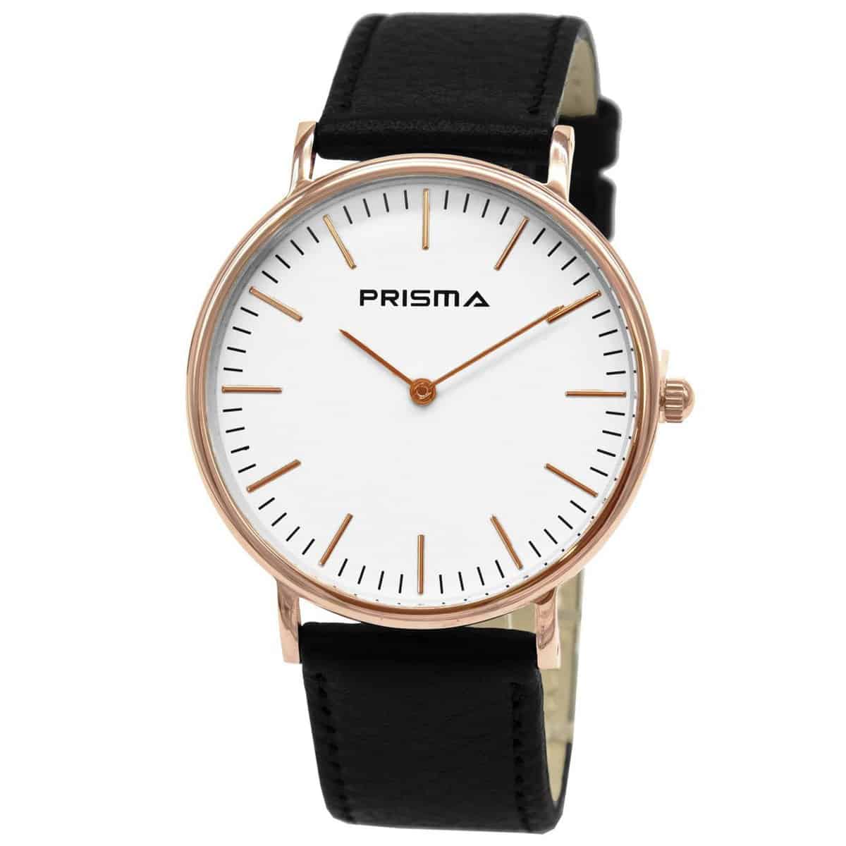 Prisma P1621 horloge van edelstaal
- Kast maat: 40 mm
- Kast dikte: 7.7 mm
- Kast materiaal: Ros&#233;goudkleurig edelstaal (PVD)
- Uurwerk type: Miyota 2025
- Glas type;  Mineraal Crystal
- Waterdichtheid: 5 ATM
- Horlogeband: Zwart lederen bandmet stainless steel gespsluiting
- Maat aansluiting band: 20mm
- Wijzerplaat; Wit met ros&#233;goudkleurige aanduidingen
- Licht functie: Nee
EAN: 8716667162631
