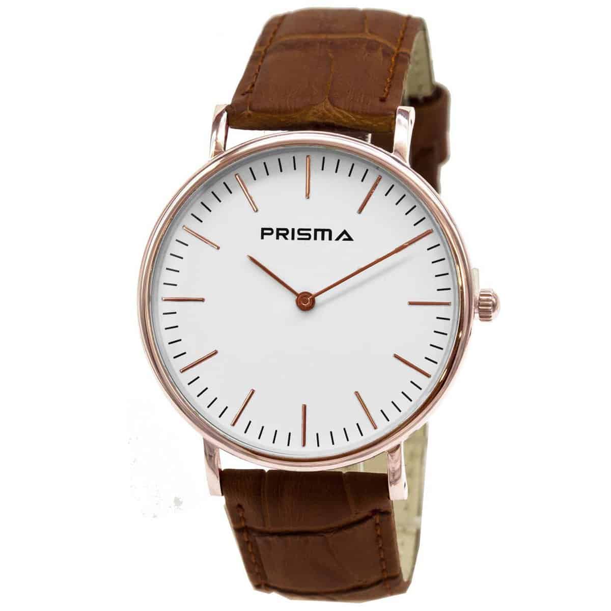 Prisma P1621 horloge van edelstaal
- Kast maat: 40 mm
- Kast dikte: 7.7 mm
- Kast materiaal: Ros&#233;goudkleurig edelstaal (PVD)
- Uurwerk type: Miyota 2025
- Glas type;  Mineraal Crystal
- Waterdichtheid: 5 ATM
- Horlogeband: Bruin lederen bandmet stainless steel gespsluiting
- Maat aansluiting band: 20mm
- Wijzerplaat; Wit met ros&#233;goudkleurige aanduidingen
- Licht functie: Nee
EAN: 8716667162679