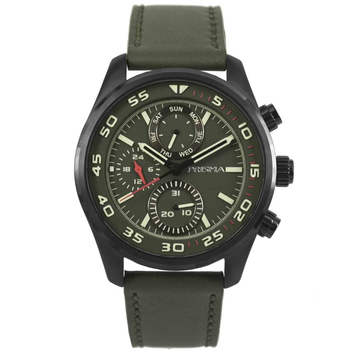 Algemeen
Geslacht: heren
Model: P.1827

Prisma 1827 heren horloge 

- band echt leer groen (groen kleurig stiksel)
- multi-functie
- wijzerplaat groen met  streepjes
- extra harde duurzame laag
- ook voor brede pols (max. 228 mm)
- 24 uurs aanduiding
- datum wijzer
- quartz
- maat kast 44mm (breedte) 11,3mm (dikte)