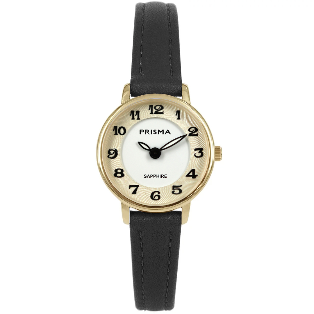 Prisma horloge 1848 dames edelstaal saffierglas 5 ATM 

Algemeen
Geslacht: dames
Model: P.1848
 
Voordelen
- band echt leer zwart
- wijzerplaat  goudkleurig met zwartkleurige cijfers (arabisch)
- glas is zeer krasvast
- wijzers lichten opin donker
- duidelijke tijdsweergave
- spat waterdicht: handenwassen, regen
- quartz
- maat kast 23,07mm (breedte) 6,31mm (dikte)


