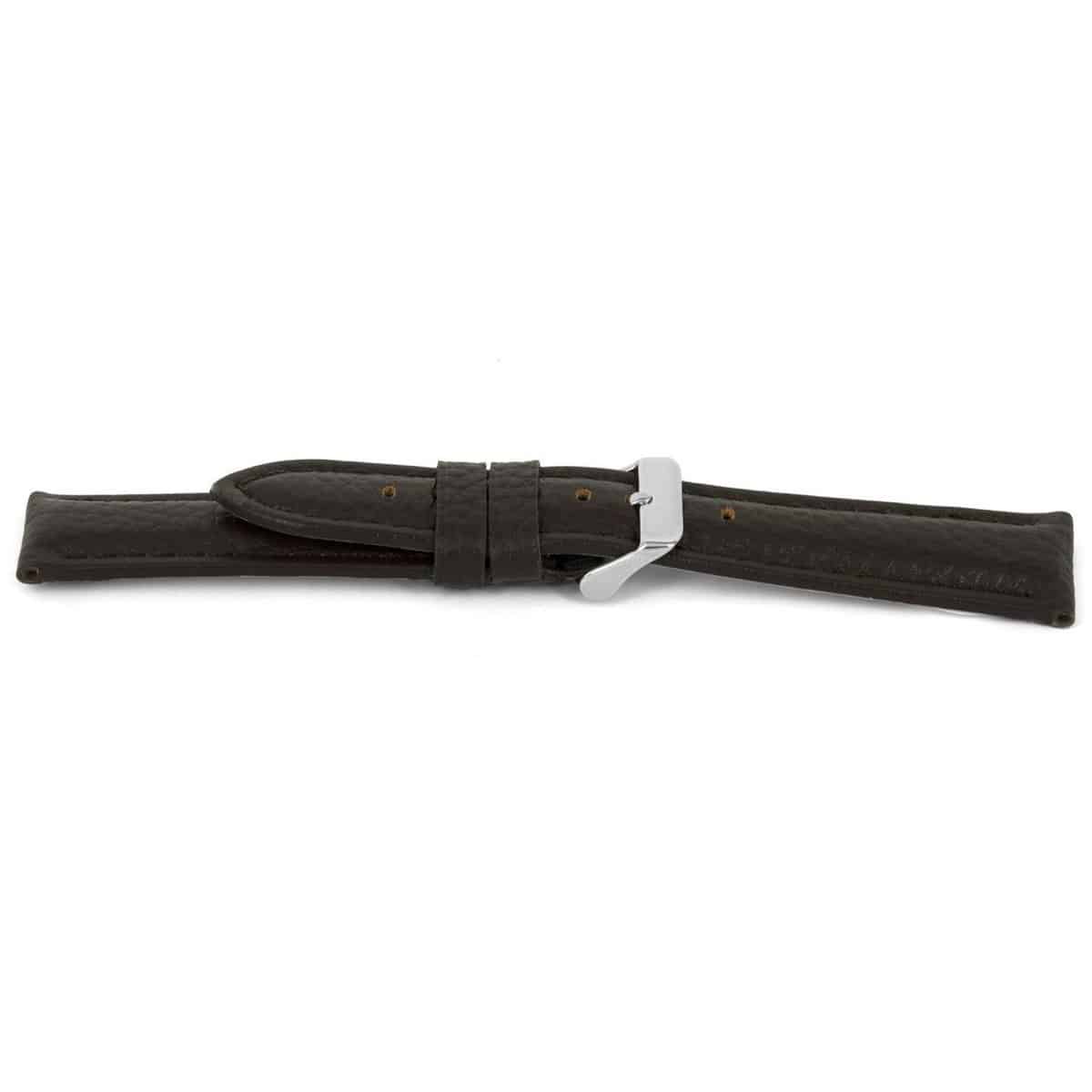 Kalfslederen horlogeband met zilverkleurig edelstalen gesp.
Kleur band: bruin
Band dikte: 5.8 - 3.8 mm 
Band lengte: 85/125mm (XL)
Band breedte: 20x18 mm
Gesp: Edelstaal
Bekleding binnenband: Nubuck leer
Gestikt: Ja, bruin
Pushpin: ExclusiefHypo allergisch: Ja
NFC Chip: Ja
EAN: 4782863032065