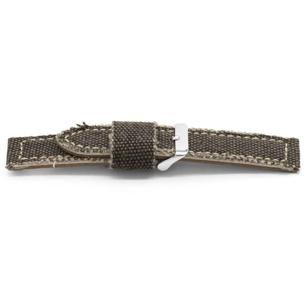 Bruin jeans horlogeband van katoen met lederen lining met edelstalen gesp.
Kleur band: Bruin
Band dikte: 4.1mm 
Band lengte: 75/115 mm
Band breedte: 22x22 mm
Gesp: Edelstaal
Bekleding binnenband: Hoogwaardig bruin leder
Gestikt: Ja, Beige
Pushpin: Exclusief
Hypo allergisch: Nee
NFC Chip: Ja
EAN: 4780263405229