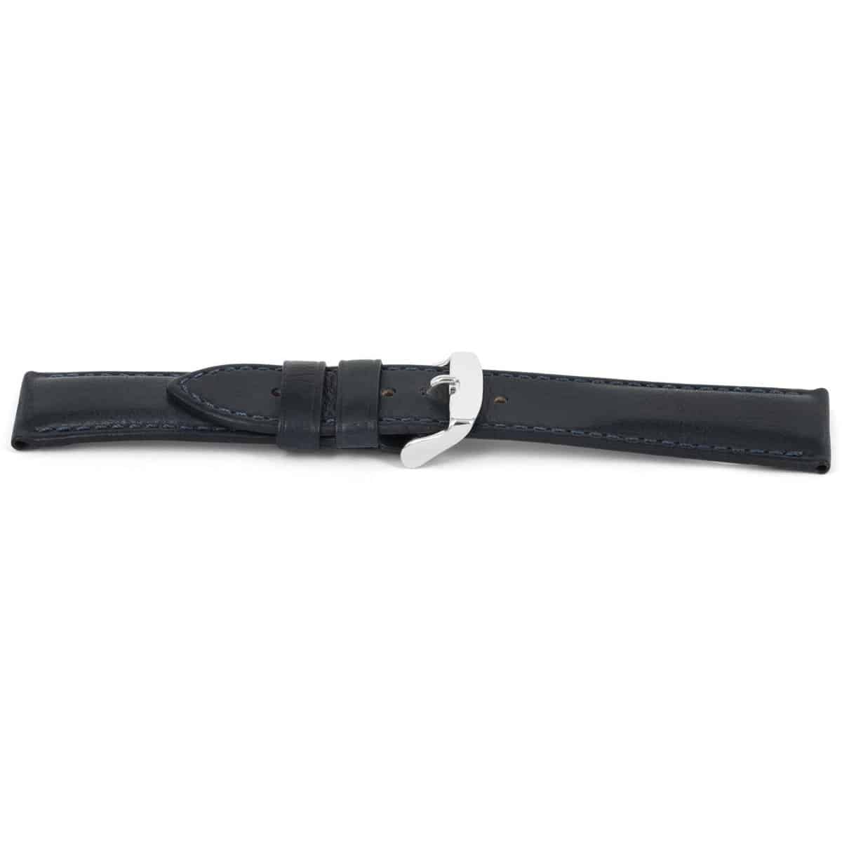 Blauwe calf lederen horlogeband met zilverkleurig edelstalen gesp.
Kleur band: Blauw
Band dikte: 4.2 - 2.5mm 
Band lengte: 80/125mm
Band breedte: 20x18mm
Gesp: Edelstaal
Bekleding binnenband: Calf leder Camel
Gestikt: Ja dezelfde kleur als band
Pushpin: Exclusief
Hypo allergisch: Ja
Quickswitch
EAN: 4782863642226