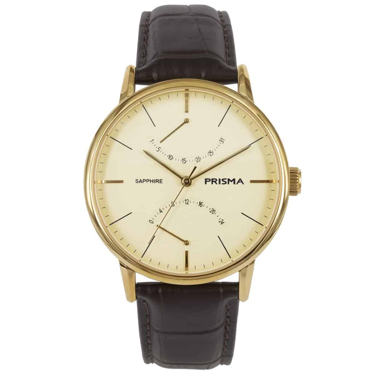 Prisma horloge 1602 heren Edelstaal saffierglas 5 ATM 

Algemeen
Geslacht: heren
Model: P.1602
EAN; 8716667169388

Voordelen
- band echt leer bruin (bruin kleurig stiksel)
- wijzerplaat goudkleurig met goudkleurige streepjes
- glas is zeerkrasvast
- ook voor brede pols (max. 222,98 mm)
- datum
- spat waterdicht: handenwassen, regen
- quartz
- maat kast 42,1mm (breedte) 11mm (dikte)

