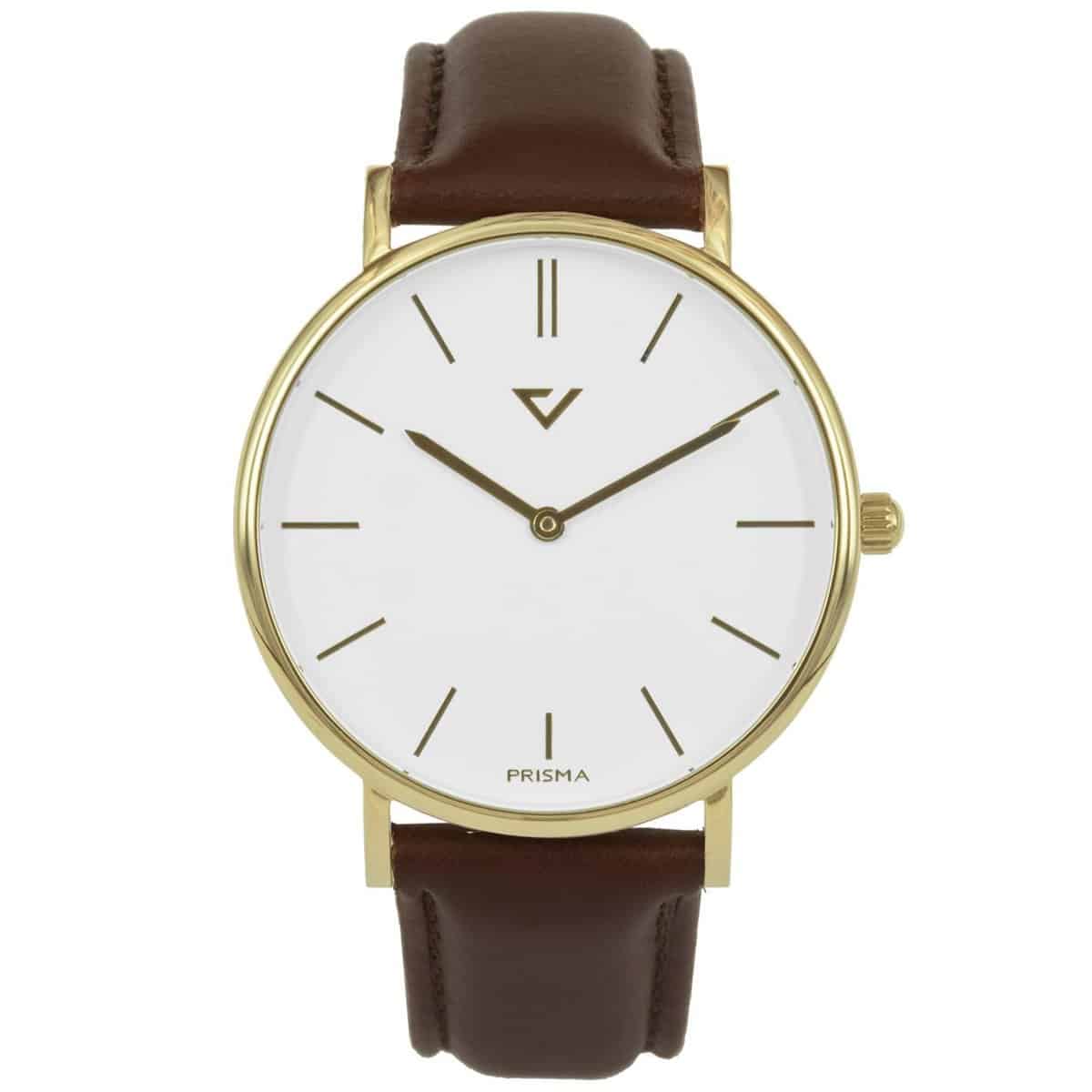 Prisma unisex 100% NL P.1628.418G horloge edelstaal 5 ATM 		
		
Algemeen		
Geslacht: unisex		
Model: P.1628.418G		
		
Voordelen		
- band echt leer bruin (bruin kleurig stiksel)		
- wijzerplaat wit met  streepjes		
- slimeline model (minderdan 9 mm dik)		
- ook voor brede pols (max. 259 mm)		
- designed in the Netherlands		
- spat waterdicht: handenwassen, regen		
- quartz		
- maat kast 40mm (breedte) 7,7mm (dikte)		
		
