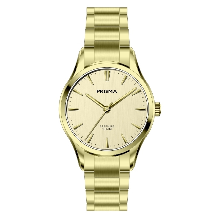 Prisma horloge 2010 dames edelstaal saffierglas 10 ATM 

Algemeen
Geslacht: dames
Model: P.2010

Voordelen
- band edelstaal goudkleurig
- wijzerplaat goudkleurig met zilvere streepjes
- boven gem. waterdicht: zwemmen/duiken
- glas is zeerkrasvast
- quartz
- maat kast 27,06mm (breedte) 7,6mm (dikte)

