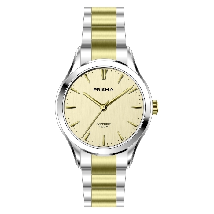 Prisma horloge 2011 dames edelstaal saffierglas 10 ATM 

Algemeen
Geslacht: dames
Model: P.2011

Voordelen
- band edelstaal zilver/goudkleurig (bicolor)
- wijzerplaat goudkleurig met zilvere streepjes
- boven gem. waterdicht: zwemmen/duiken- glas is zeer krasvast
- quartz
- maat kast 27,06mm (breedte) 7,6mm (dikte)

