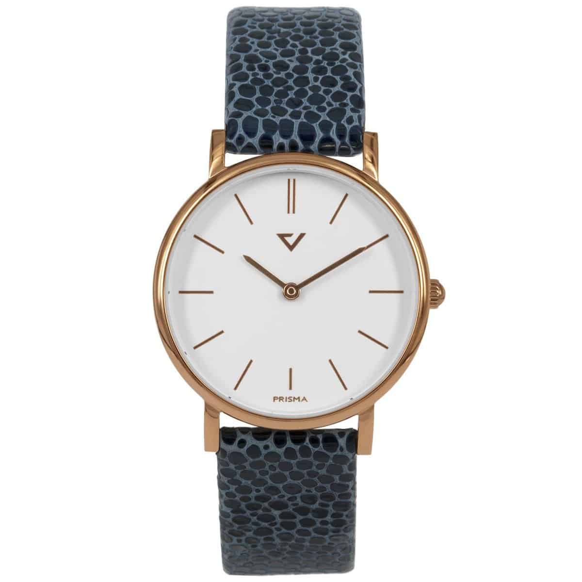 Prisma P.1867 dames horloge edelstaal 		
		
Algemeen		
Geslacht: dames		
Model: P.1867		
		
Voordelen		
- band echt leer blauw		
- wijzerplaat wit met ros&#233;goudkleurige streepjes		
- extra harde duurzame laag		
- slimeline model (minder dan9 mm dik)		
- designed in the Netherlands		
- box calfleer		
- spat waterdicht: handenwassen, regen		
- quartz		
- maat kast 32mm (breedte) 7mm (dikte)		
		
