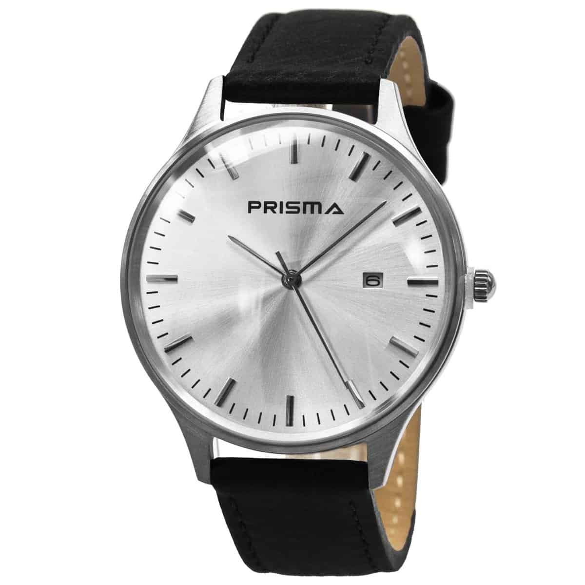 Prisma P1627 heren horloge van all-stainless steel met lederen horlogeband. 
- Kast maat: 40 mm
- Kast dikte: 12 mm
- Kast materiaal: Edelstaal PVD Zwart
- Uurwerk type: Miyota 2115 datum 3H
- Glas; Mineraal Crystal 
- Waterdichtheid: 3 ATM
-Horlogeband: Zwart lederen band met stainless steel gesp
- Maat aansluiting band: 18mm
- Wijzerplaat; Zilver met zwartkleurige aanduidingen
- Licht functie: Nee
EAN: 8716667162389