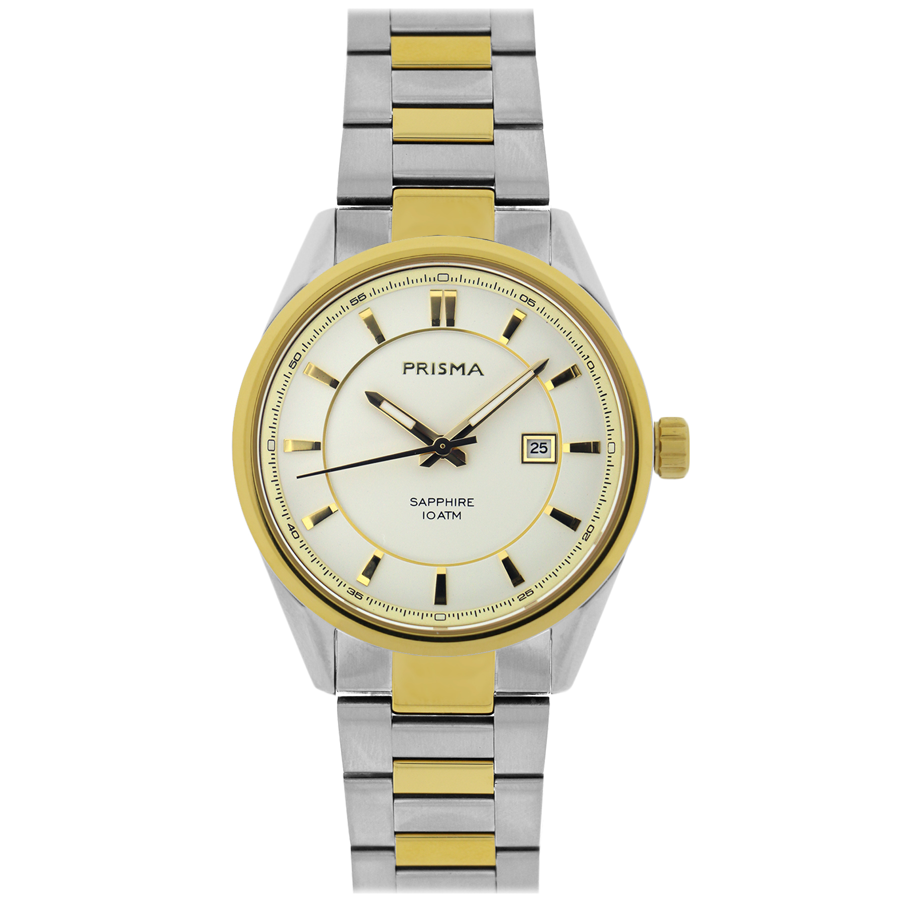 Prisma horloge P2061 heren edelstaal saffierglas 10 ATM

Algemeen
Geslacht: heren
Model: P.2061

Voordelen
- All stainless steel schakelband in het staal/goud bicolor
- quartz
- wijzerplaat roomwit met goudkleurige streepjes
- boven gem. waterdicht: zwemmen/duiken
- glas is zeer krasvast
- ook voor brede pols (max. 230 mm)
- datum
- quartz uurwerk
- maat kast 39,5mm (breedte) 9,6mm (dikte)

