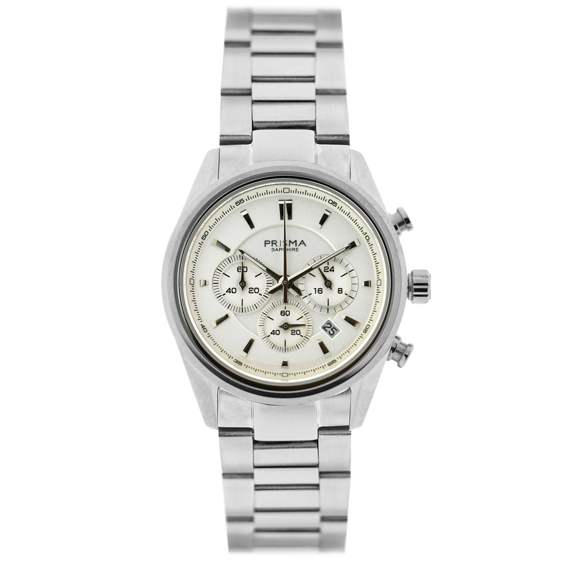 Prisma horloge P2065 dames edelstaal  Decade Chrono saffierglas 10 ATM

Algemeen
Geslacht: dames
Model: P.2065

Voordelen
- Solid edelstaal
- quartz
- wijzerplaat zilver met Chrono aanduiding zilverkleurige streepjes
- boven gem. waterdicht: zwemmen/duiken
- glas is zeer krasvast
- ook voor brede pols (max. 210 mm)
- datum en chronograaf
- quartz uurwerk
- maat kast 31,5mm (breedte) 9,5mm (dikte)

