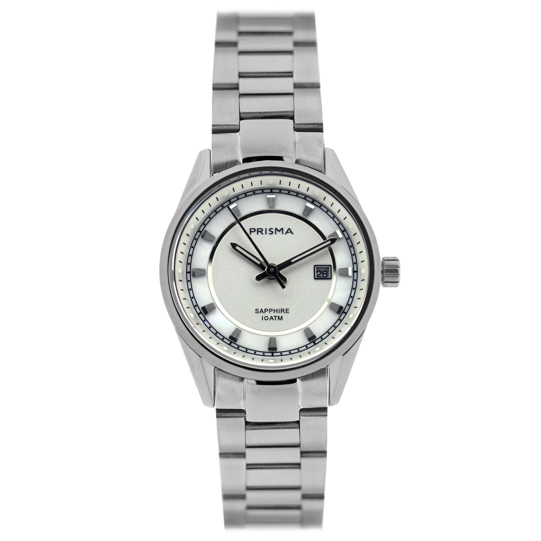 Prisma horloge P2040 dames edelstaal saffierglas 10 ATM

Algemeen
Geslacht: dames
Model: P.2040

Voordelen
- Solid edelstaal
- quartz
- wijzerplaat zilver met zilverkleurige streepjes
- boven gem. waterdicht: zwemmen/duiken
- glas is zeerkrasvast
- ook voor brede pols (max. 210 mm)
- datum
- quartz uurwerk
- maat kast 31,5mm (breedte) 9,5mm (dikte)

