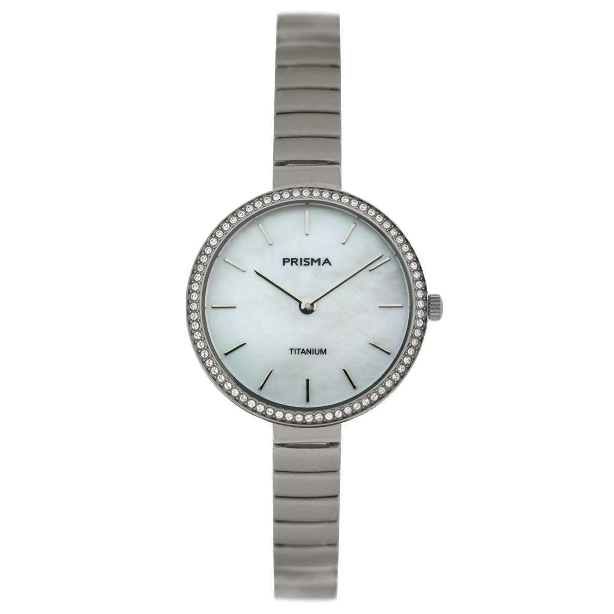 Prisma dames P1132 horloge titanium saffierglas 5 ATM 		
		
Algemeen		
Geslacht: dames		
Model: P.1132		
		
Voordelen		
- band titanium grijs	
- wijzerplaat parelmoer wit	
- geschikt voor mensen met een allergie		
- draagcomfort door lichtgewicht		
- lunette gevuld met zirkonia steentjes	
- handige onzichtbare klep sluiting		
- designed in the Netherlands		
		
