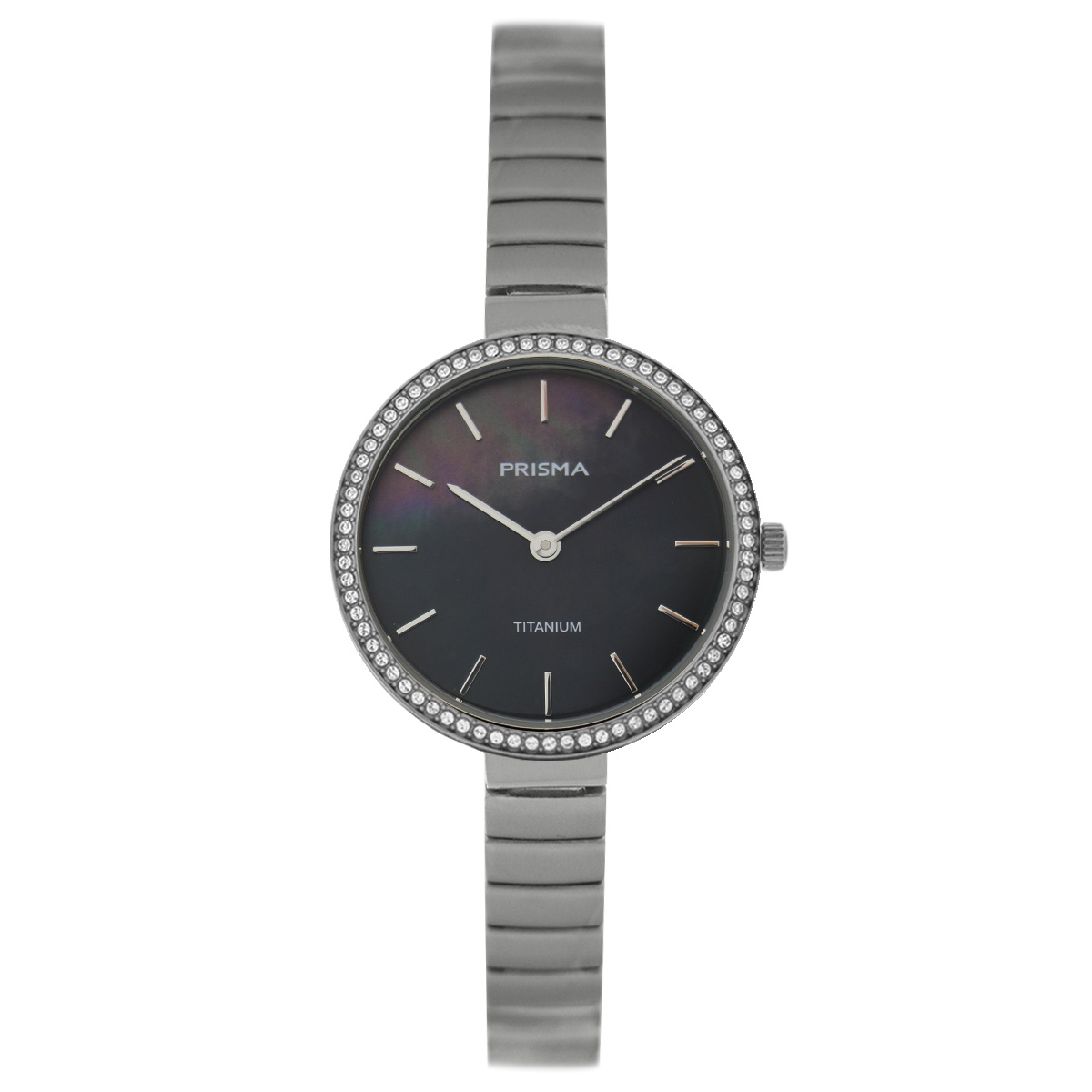 Prisma dames P1133 horloge titanium saffierglas 5 ATM 		
		
Algemeen		
Geslacht: dames		
Model: P.1133		
		
Voordelen		
- band titanium grijs	
- wijzerplaat parelmoer zwart	
- geschikt voor mensen met een allergie		
- draagcomfort door licht gewicht		
- lunette gevuld met zirkonia steentjes	
- handige onzichtbare klep sluiting		
- designed in the Netherlands		
		
