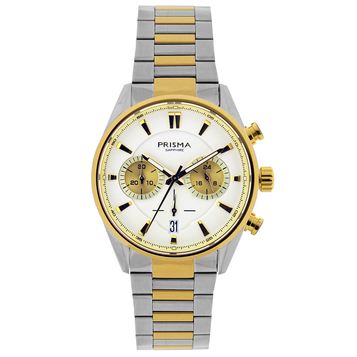 Prisma horloge P2051 heren edelstaal saffierglas 10 ATM All-stainless bicolor

Algemeen
Geslacht: heren
Model: P.2051

Voordelen
- All-stainless steel massief schakelband  bicolor goud/zilverkleurige en vlindersluiting
- quartz
- wijzerplaat met chrono aanduiding roomwit met zilvekleurige streepjes
- boven gem. waterdicht: zwemmen/duiken
- glas is zeer krasvast
- ook voor brede pols (max. 235 mm)
- datum
- quartz uurwerk
- maat kast 42 mm (breedte) 11 mm (dikte)

