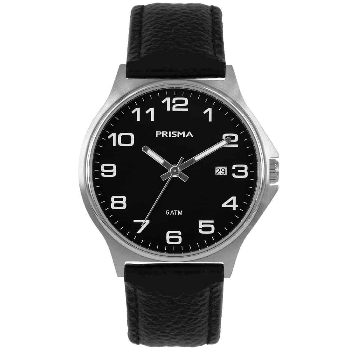 Prisma horloge P.1686 heren edelstaal 5 ATM 

Algemeen
Geslacht: heren
Model: P.1686

Voordelen
- band echt leer zwart (zwart kleurig stiksel)
- wijzerplaat zwart met witte cijfers (arabisch)
- ook voor brede pols (max. 223 mm)
- wijzers lichten op in donker
- datum
- duidelijke tijdsweergave
- spat waterdicht: handenwassen, regen
- quartz
- maat kast 39mm (breedte) 7,5mm (dikte)

