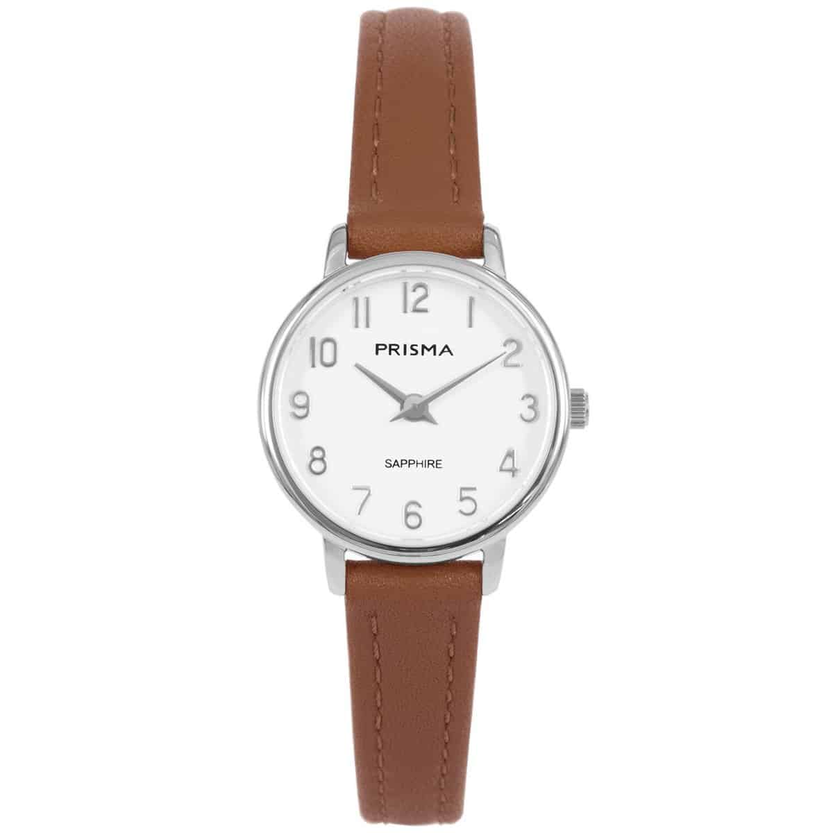 Prisma horloge 1731 dames edelstaal saffierglas 

Algemeen
Geslacht: dames
Model: P.1731

Voordelen
- band echt leer bruin (bruin kleurig stiksel)
- wijzerplaat wit met zilvere cijfers (arabisch)
- glas is zeer krasvast
- duidelijke tijdsweergave
- spat waterdicht: handenwassen, regen
- quartz
- maat kast 23mm (breedte) 6,5mm (dikte)

