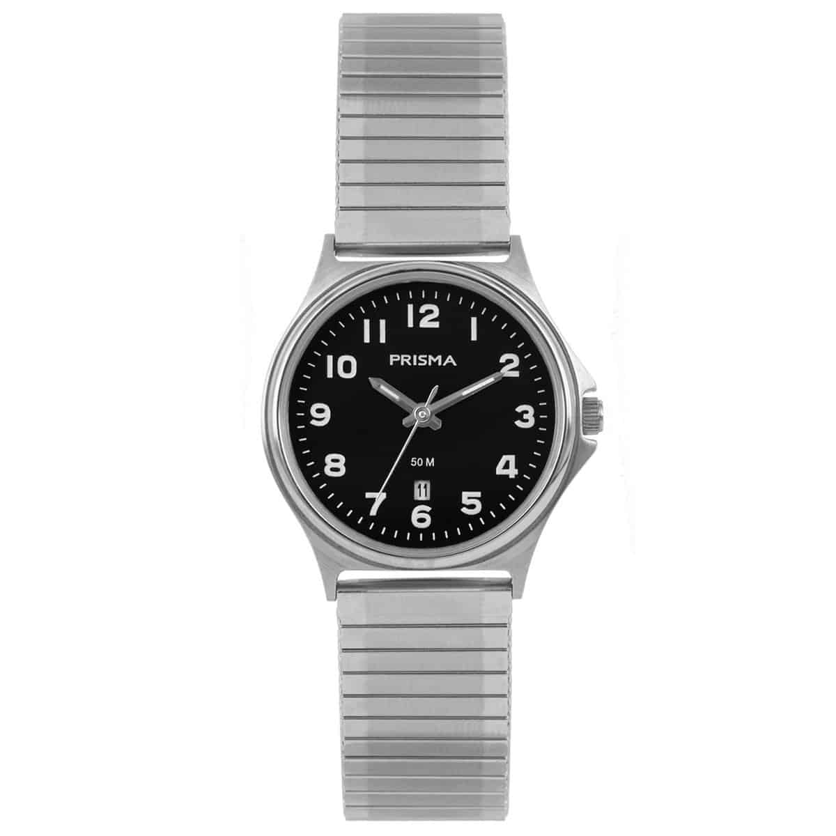 Prisma horloge 1692.54VE dames edelstaal 5 ATM 

Algemeen
Geslacht: dames
Model: P.1692.54VE

Voordelen
- rekband sluit naadloos aan op de huid
- band edelstaal zilver
- wijzerplaat zwart met witte cijfers (arabisch)
- wijzers lichten op in donker
- datum
- duidelijke tijdsweergave
- spat waterdicht: handenwassen, regen
- quartz
- maat kast 30mm (breedte) 7,3mm (dikte)

