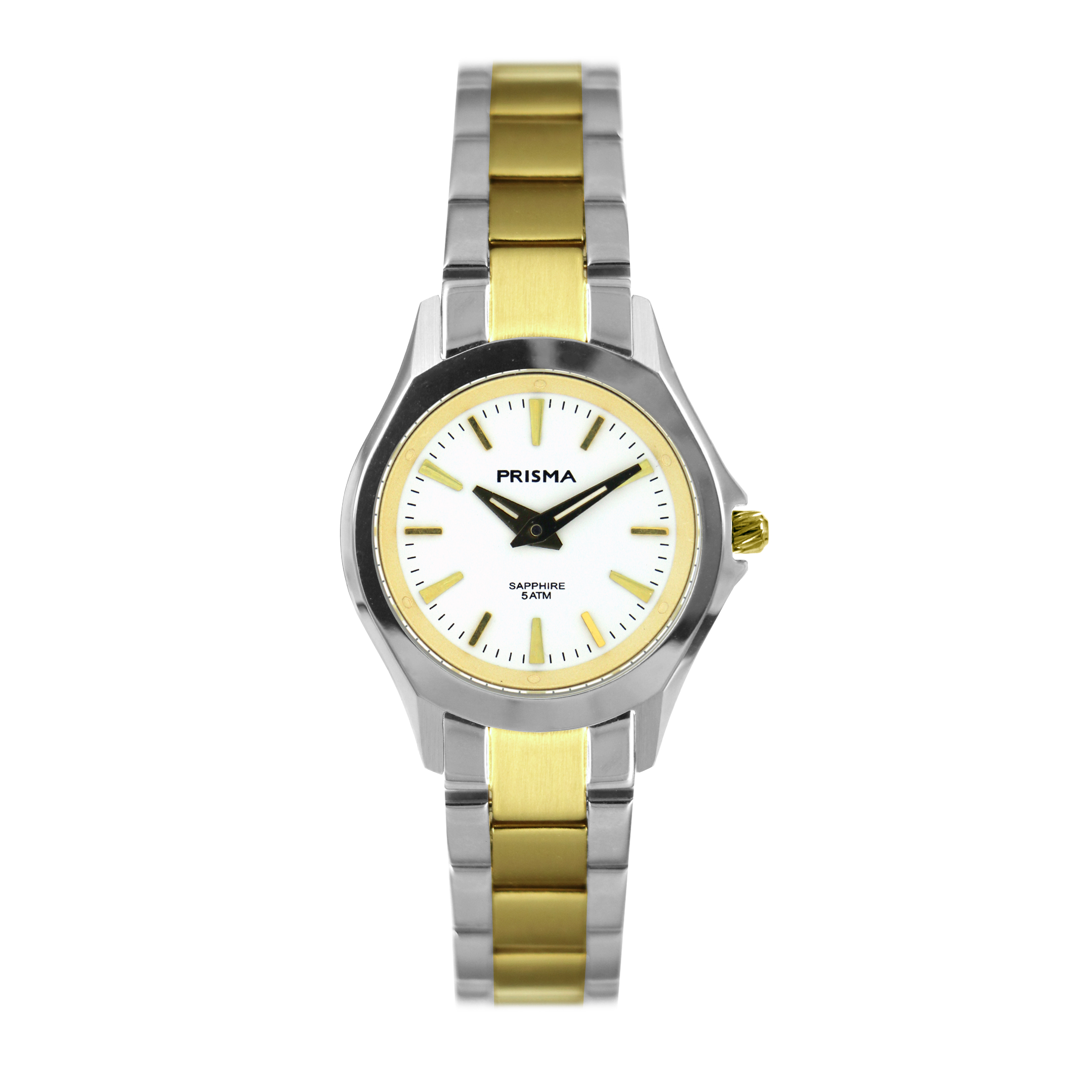 Prisma horloge 2022 dames edelstaal saffierglas 5 ATM 

Algemeen
Geslacht: dames
Model: P.2022

Voordelen
- band edelstaal zilver/goudkleurig (bicolor)
- wijzerplaat wit met goudkleurige streepjes
- glas is zeer krasvast
- spat waterdicht:handenwassen, regen
- quartz
- maat kast 27,8mm (breedte) 6,15mm (dikte)

