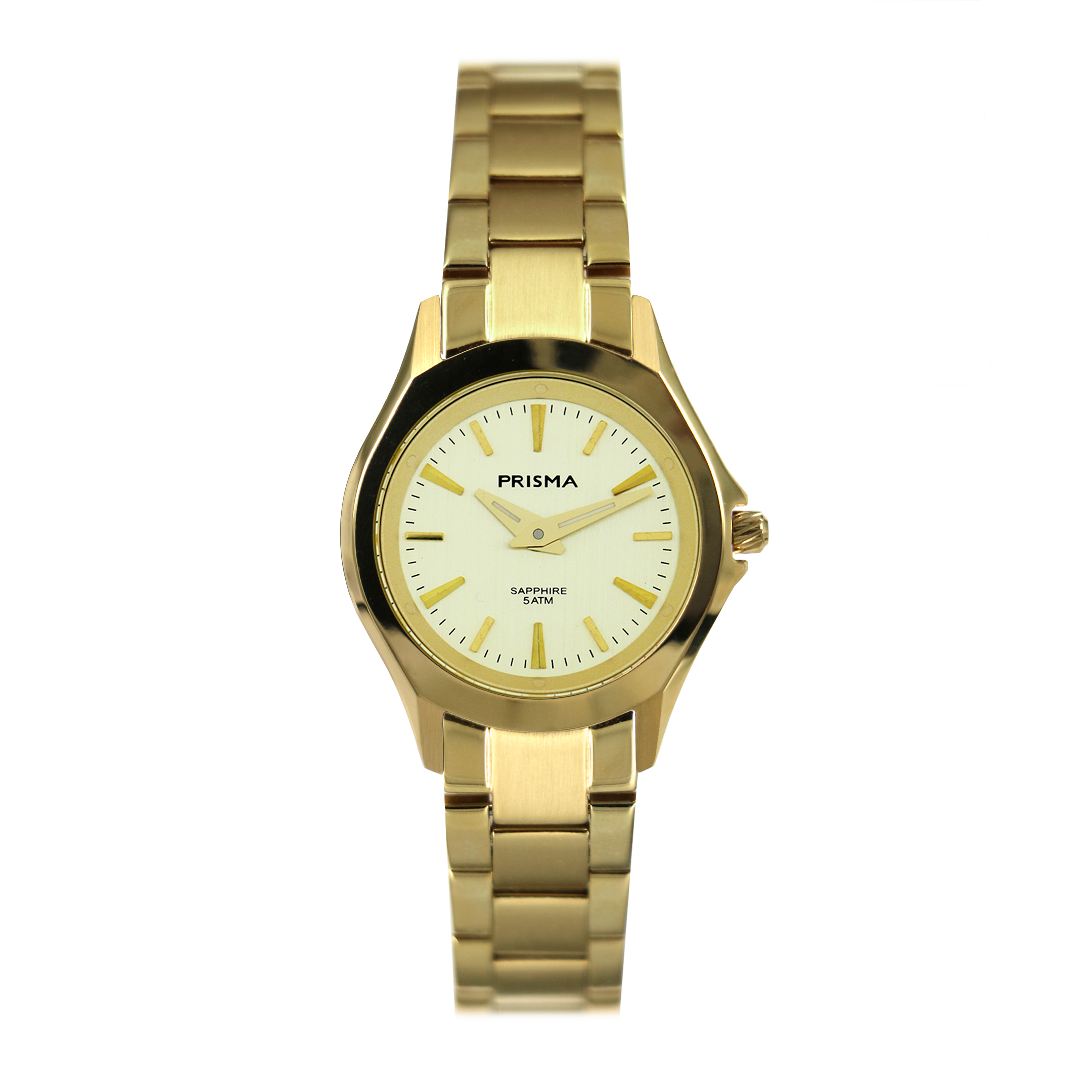 Prisma horloge 2022 dames edelstaal saffierglas 5 ATM 

Algemeen
Geslacht: dames
Model: P.2022

Voordelen
- band edelstaal goudkleurig
- wijzerplaat goudkleurig met goudkleurige streepjes
- glas is zeer krasvast
- spat waterdicht: handenwassen, regen
- quartz
- maat kast 27,8mm (breedte) 6,15mm (dikte)

