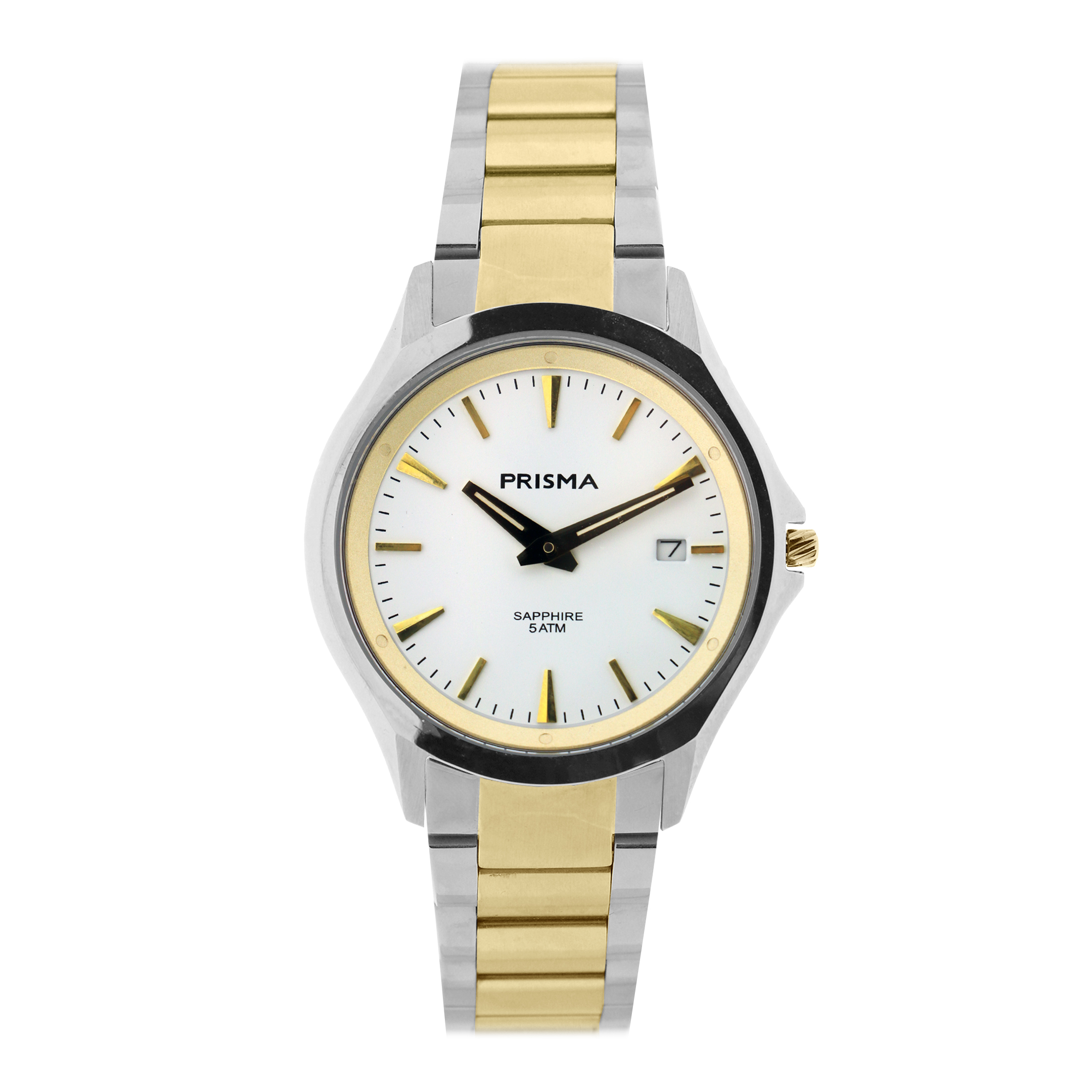 Prisma horloge 2026 heren edelstaal saffierglas 5 ATM 

Algemeen
Geslacht: heren
Model: P.2026

Voordelen
- band edelstaal zilver/goudkleurig (bicolor)
- wijzerplaat wit met goudkleurige streepjes
- glas is zeer krasvast
- slimline model (minder dan 7 mm dik)
- datum
- spat waterdicht: handenwassen, regen
- quartz
- maat kast 36,84mm (breedte) 6,84mm (dikte)

