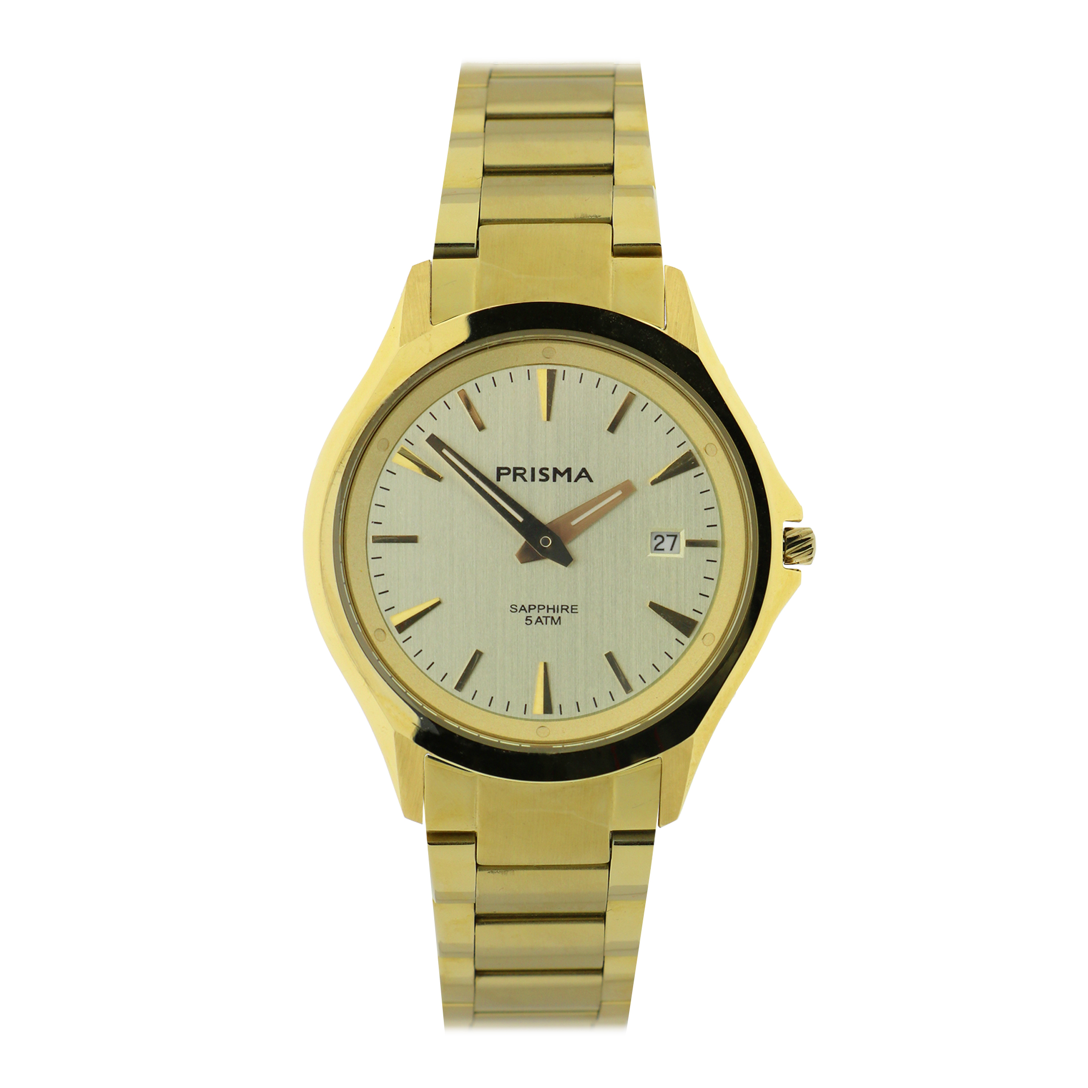 Prisma horloge 2027 heren edelstaal saffierglas 5 ATM 

Algemeen
Geslacht: heren
Model: P.2027

Voordelen
- band edelstaal goudkleurig
- wijzerplaat goudkleurig met goudkleurige streepjes
- glas is zeer krasvast
- slimline model (minder dan 7 mm dik)
- datum
- spat waterdicht: handenwassen, regen
- quartz
- maat kast 36,84mm (breedte) 6,84mm (dikte)

