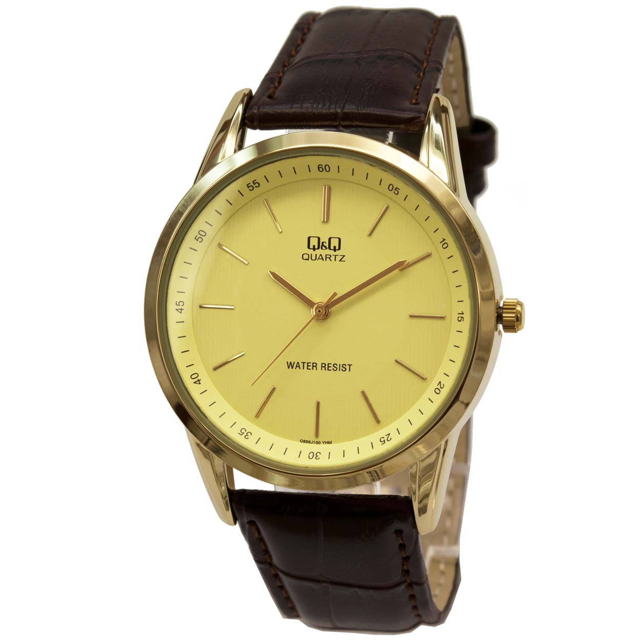 Q&amp;Q heren horloge.
- Kast maat: 43 mm
- Kast dikte: 9 mm
- Kast materiaal: Goudkleurig zinc alloy
- Uurwerk type: Miyota 2035
- Glas type: Mineraal
- Waterdicht: 5 ATM
- Horlogeband: PU Leer bruin met edelstalen gespsluiting
- Maat aansluiting band: 22 mm
- Wijzerplaat: Geel met goudkleurige anduidingen
- Licht functie: Nee
EAN: 4966006980981