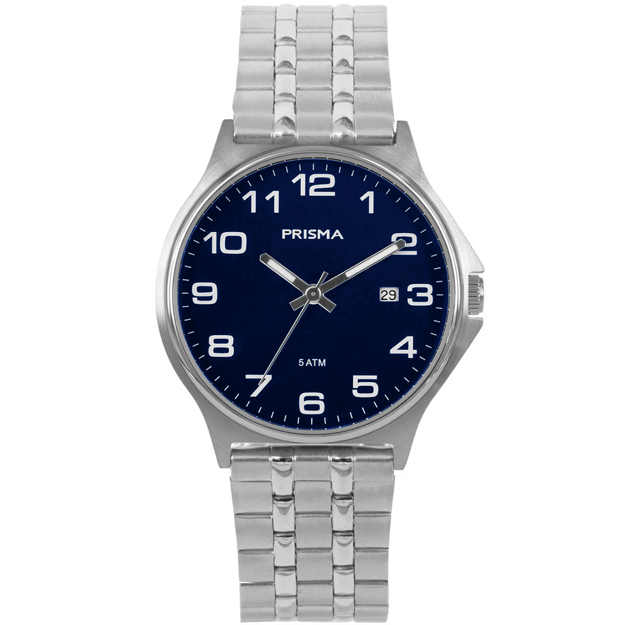Prisma horloge P.1687.staalband heren edelstaal 5 ATM 

Algemeen
Geslacht: heren
Model: P.1687.st

Voordelen
- band edelstaal zilver
- wijzerplaat blauw met witte cijfers
- wijzers lichten op in donker
- datum
- spat waterdicht: handenwassen, regen
- quartz
- maat kast 38mm (breedte) 9,3mm (dikte)