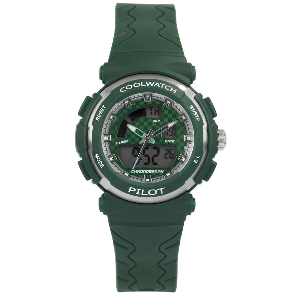 Coolwatch horloge CW.273 digitaal kunststof 5 ATM 

Algemeen
Geslacht: jongens/meisjes
Model: CW.273

Voordelen
- band plastic/silicone groen
- analoge en digitale tijdsweergave
- wijzerplaat groen met zilvere streepjes
- draagcomfort door licht gewicht
- ook voor brede pols (max. 233 mm)
- digitale tijdsweergave
- spat waterdicht: handenwassen, regen
- maat kast 35mm (breedte) 14,75mm (dikte)