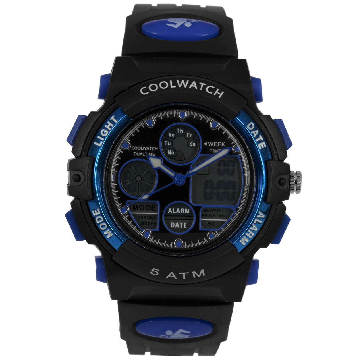 Coolwatch horloge CW.385 digitaal kunststof 5 ATM 

Algemeen
Geslacht: jongens
Model: CW.385

Voordelen
- band plastic/silicone zwart/blauw
- analoge en digitale tijdsweergave
- wijzerplaat zwart met zilvere puntjes
- draagcomfort door licht gewicht
- spat waterdicht: handenwassen, regen
- quartz
- maat kast 43mm (breedte) 16,3mm (dikte)