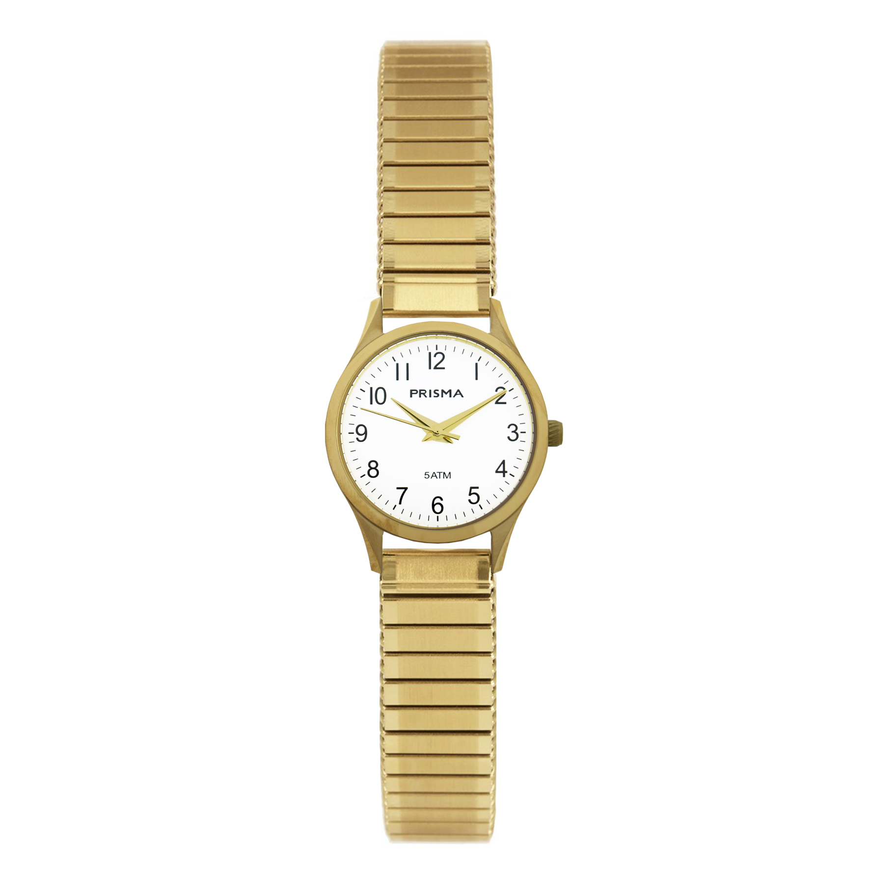 Prisma horloge P1153 dames edelstaal 5 ATM 

Algemeen
Geslacht: dames
Model: P1153

Voordelen
- rekband sluit naadloos aan op de huid
- band edelstaal goudkleurig
- wijzerplaat goudkleurig met goudkleurige cijfers (arabisch)
- duidelijke tijdsweergave
- spat waterdicht: handenwassen, regen
- quartz
- maat kast 21mm (breedte) 7.8mm (dikte)

