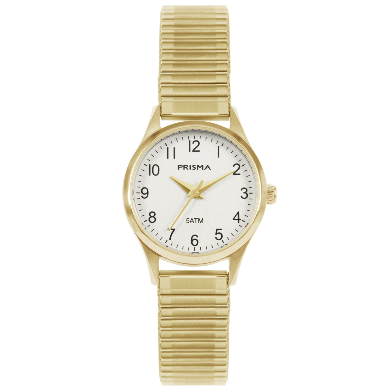Prisma horloge P1172 dames edelstaal 5 ATM 

Algemeen
Geslacht: dames
Model: P.1172

Voordelen
- rekband sluit naadloos aan op de huid
- band edelstaal goudkleurig
- wijzerplaat goudkleurig met goudkleurige cijfers (arabisch)
- duidelijketijdsweergave
- spat waterdicht: handenwassen, regen
- quartz
- maat kast 25mm (breedte) 8,5mm (dikte)

