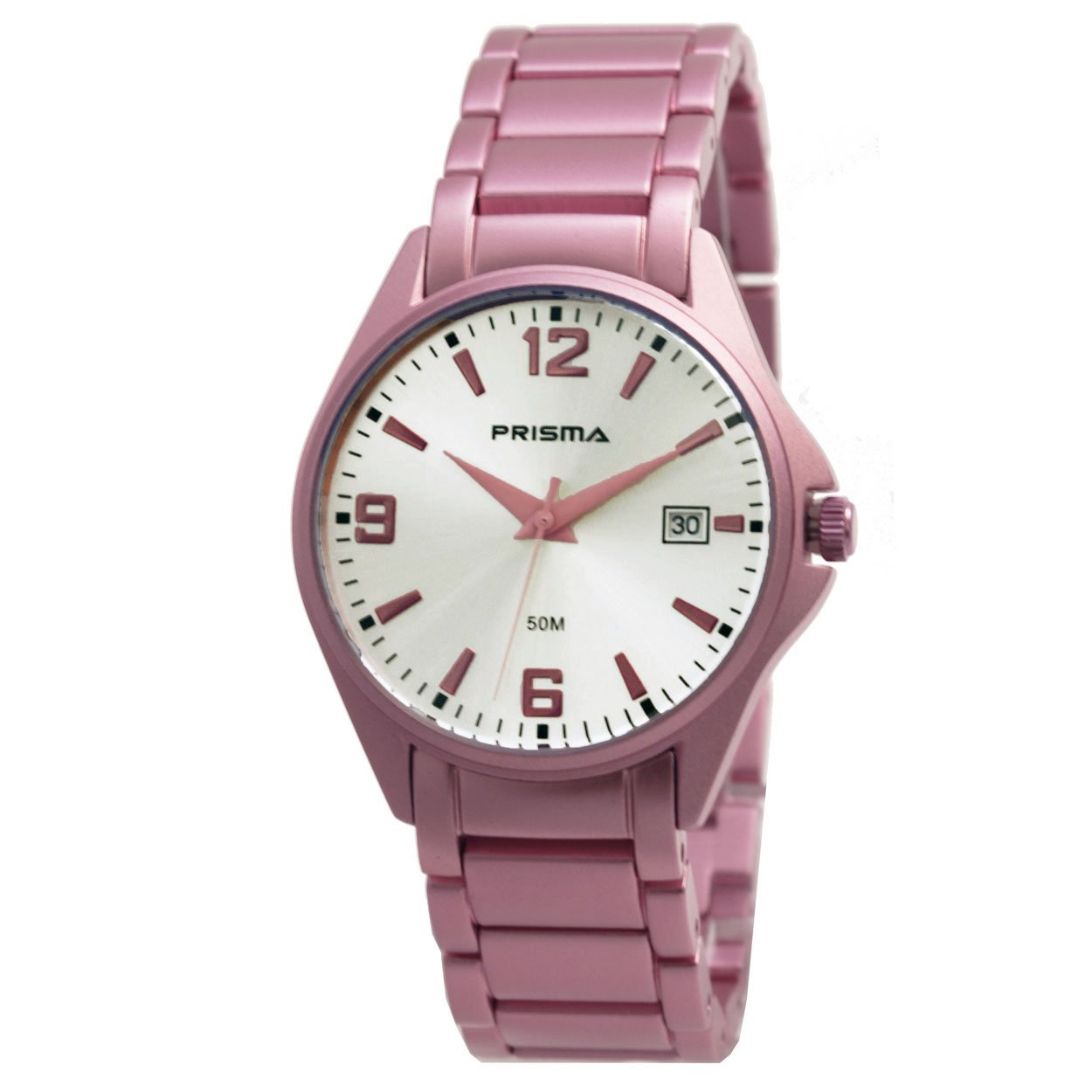 P1297   jpc 119270
 Prisma P.1297 dames  horloge   5 ATM
- Kast maat: 36 mm
- Kast dikte 9 mm
- Kast materiaal: n.v.t.
- Kast kleur: aluminium rose
- Functies: analoog horloge met datum
- Uurwerk type: Miyota 
- Glas type: mineraal
- Waterdicht: 5 ATM/BAR
- Horlogeband: Aluminium rose
- Maat aansluiting band: 18 mm
- Sluiting band: vlindersluiting
- Wijzerplaat: zilver met rose aanduidingen
- Licht functie: nee
- Artikelnummer: P.1297
- EAN: 8716667137417

Code: catx
