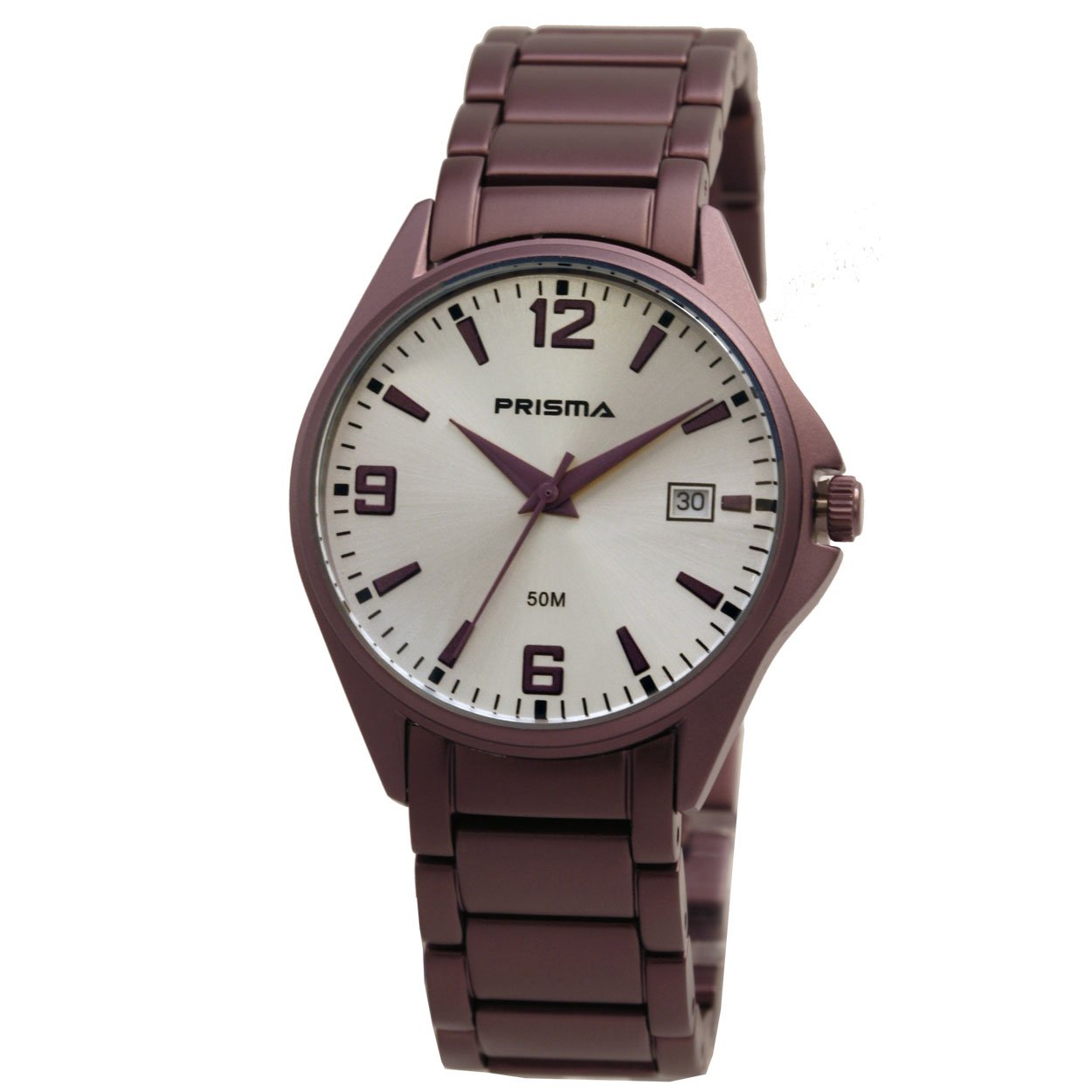 jpc 119270 33F020005 
 Prisma P.1298 dames  horloge   5 ATM
- Kast maat: 36 mm
- Kast dikte 9 mm
- Kast materiaal: n.v.t.
- Kast kleur: Aluminium paars
- Functies: analoog horloge met datum
- Uurwerk type: Miyota 
- Glas type: mineraal
- Waterdicht: 5 ATM/BAR
- Horlogeband: Aluminium paars
- Maat aansluiting band: 18 mm
- Sluiting band: vlindersluiting
- Wijzerplaat: zilver met paarse aanduidingen
- Licht functie: nee
- Artikelnummer: P.1298
- EAN: 8716667137424
