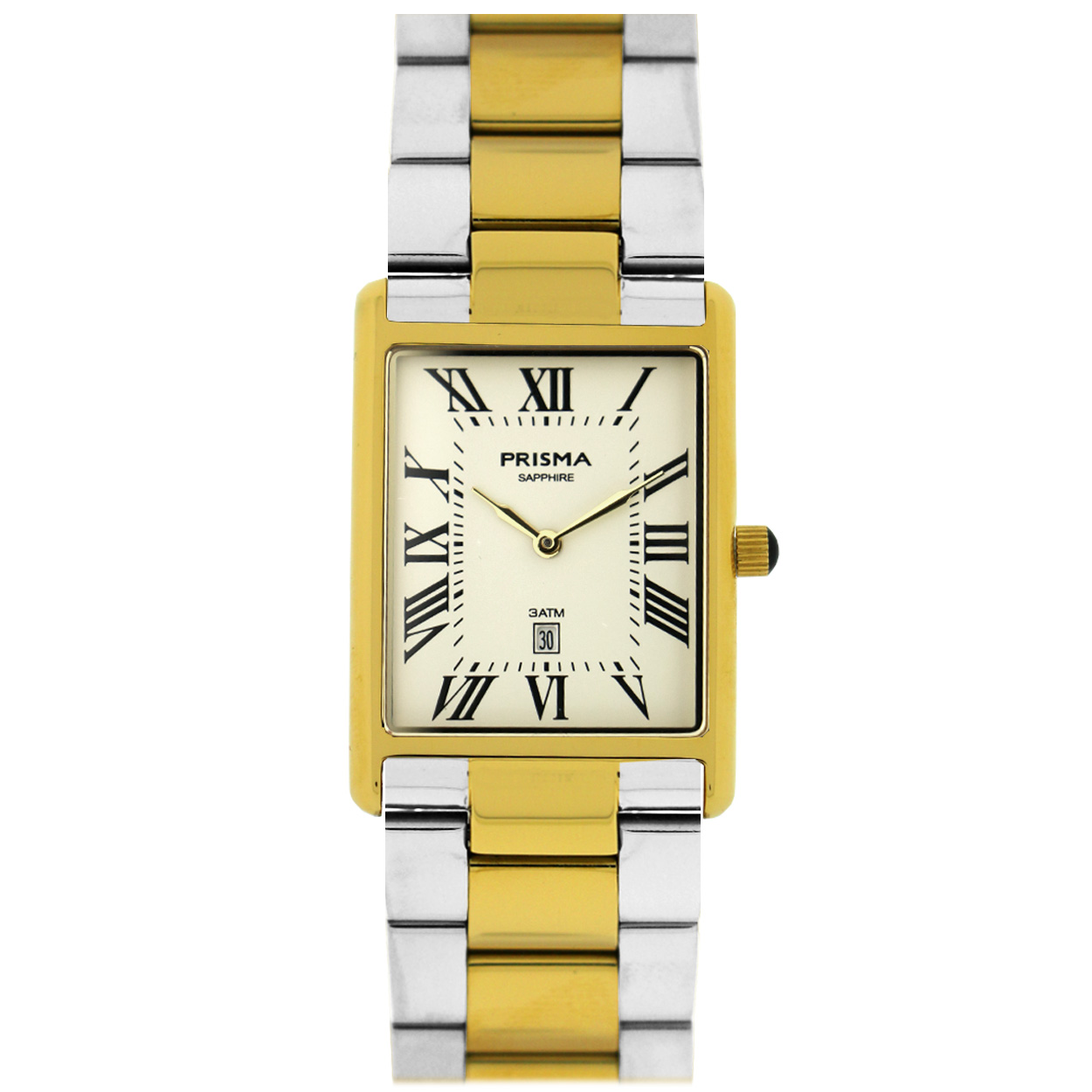 Prisma horloge P2376 Baron Silver heer edelstaal saffierglas 3 ATM

Algemeen
Geslacht: heren
Model: P.2376

Voordelen
- solid all-stainless steel bracelet bicolor goud-zilverkleurige met vlindersluiting
- rechthoek model
- wijzerplaat cr&#232;memet zwartkleurige Romeinse cijfers
- Waterdicht all-weather
- glas is zeer krasvast
- ook voor brede pols 
- quartz uurwerk
- maat kast 28 mm x 39 mm (breedte) 7mm (dikte)

