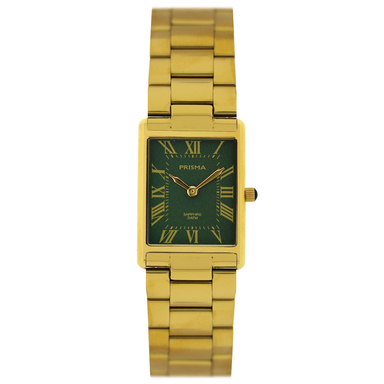 Prisma horloge P2357 Baroness dames edelstaal saffierglas 3 ATM

Algemeen
Geslacht: dames
Model: P.2357

Voordelen
- Solid all-stainless steel bracelet goudkleurige met vlindersluiting
- rechthoek model
- wijzerplaat groen met goudkleurigeRomeinse cijfers
- Waterdicht all-weather
- glas is zeer krasvast
- ook voor brede pols (max. 210 mm)
- quartz uurwerk
- maat kast 22  x 31,5mm (breedte) 5mm (dikte)

